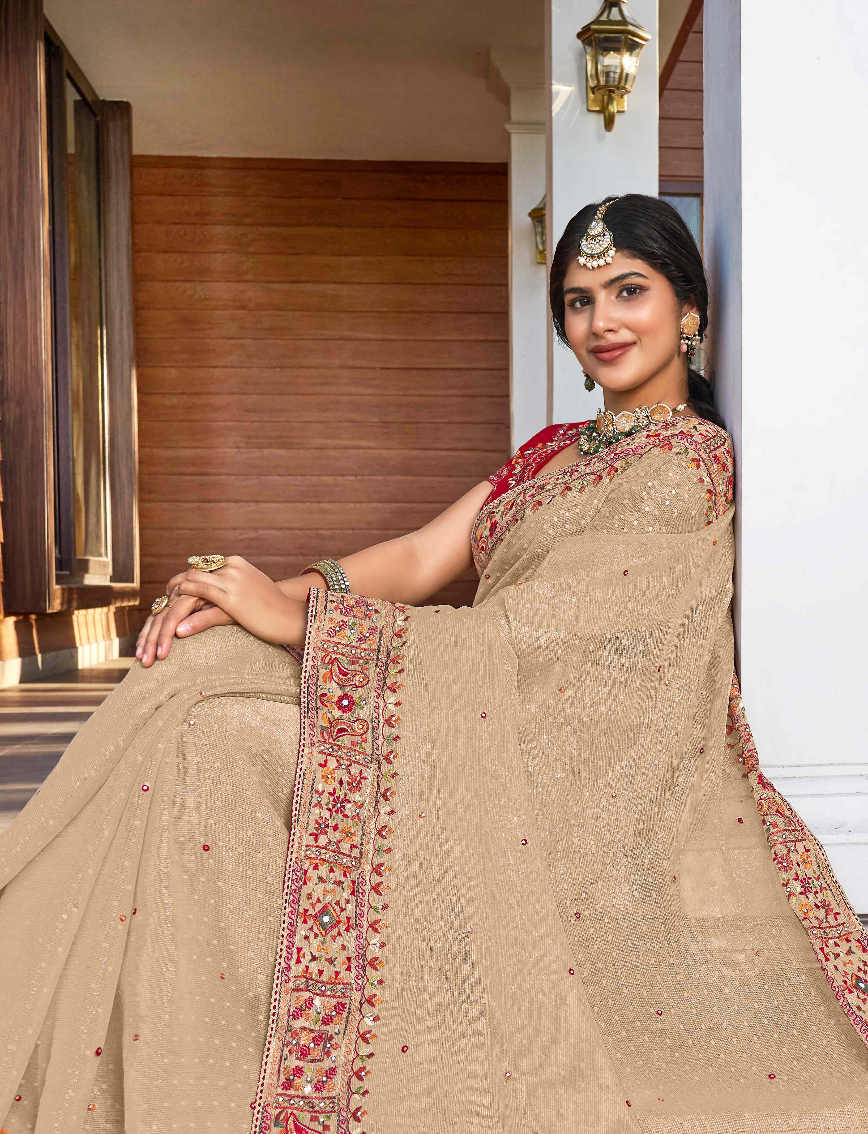Beige Chiffon Saree with Resham & Stone Work - Aishwrya