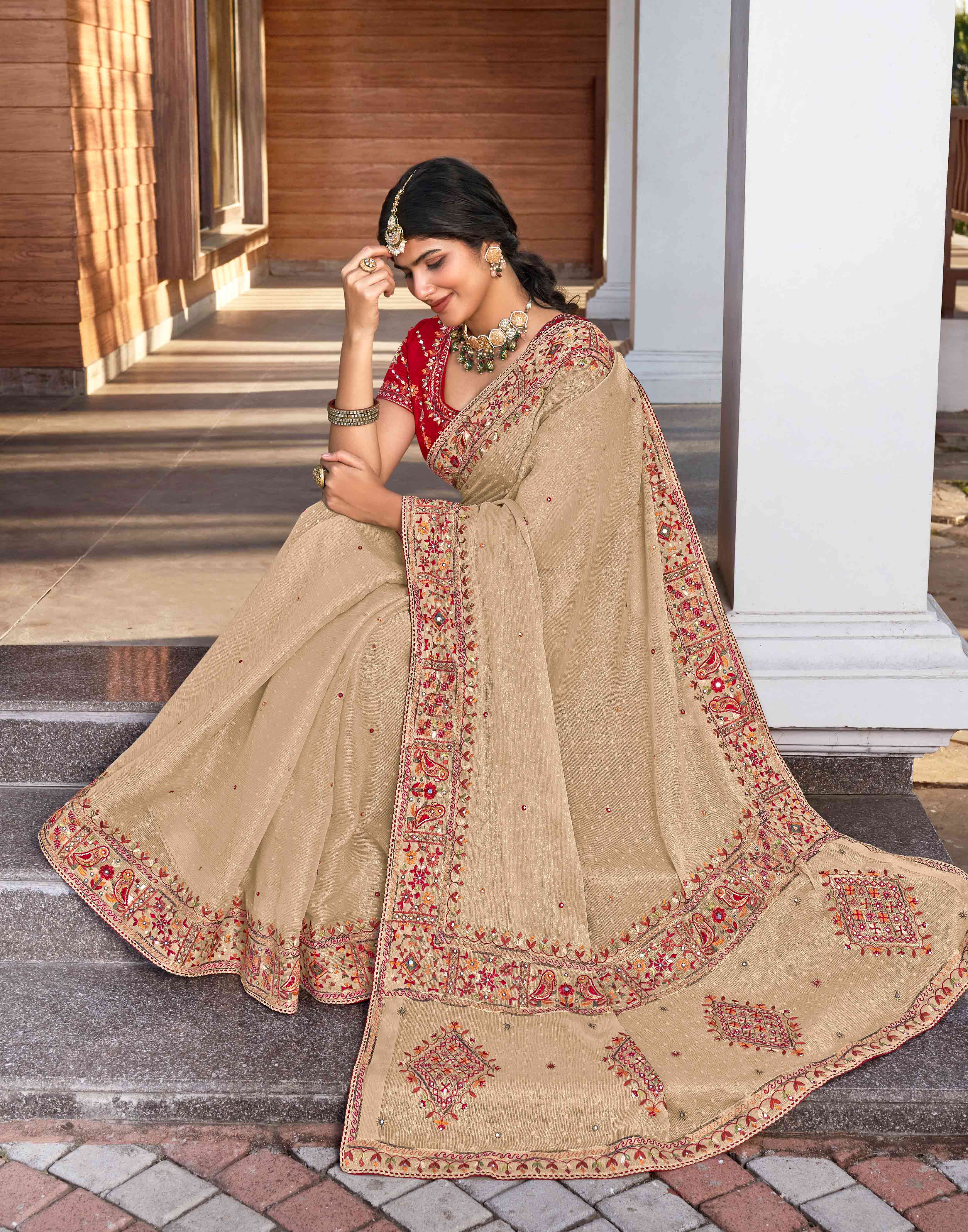 Beige Chiffon Saree with Resham & Stone Work - Aishwrya