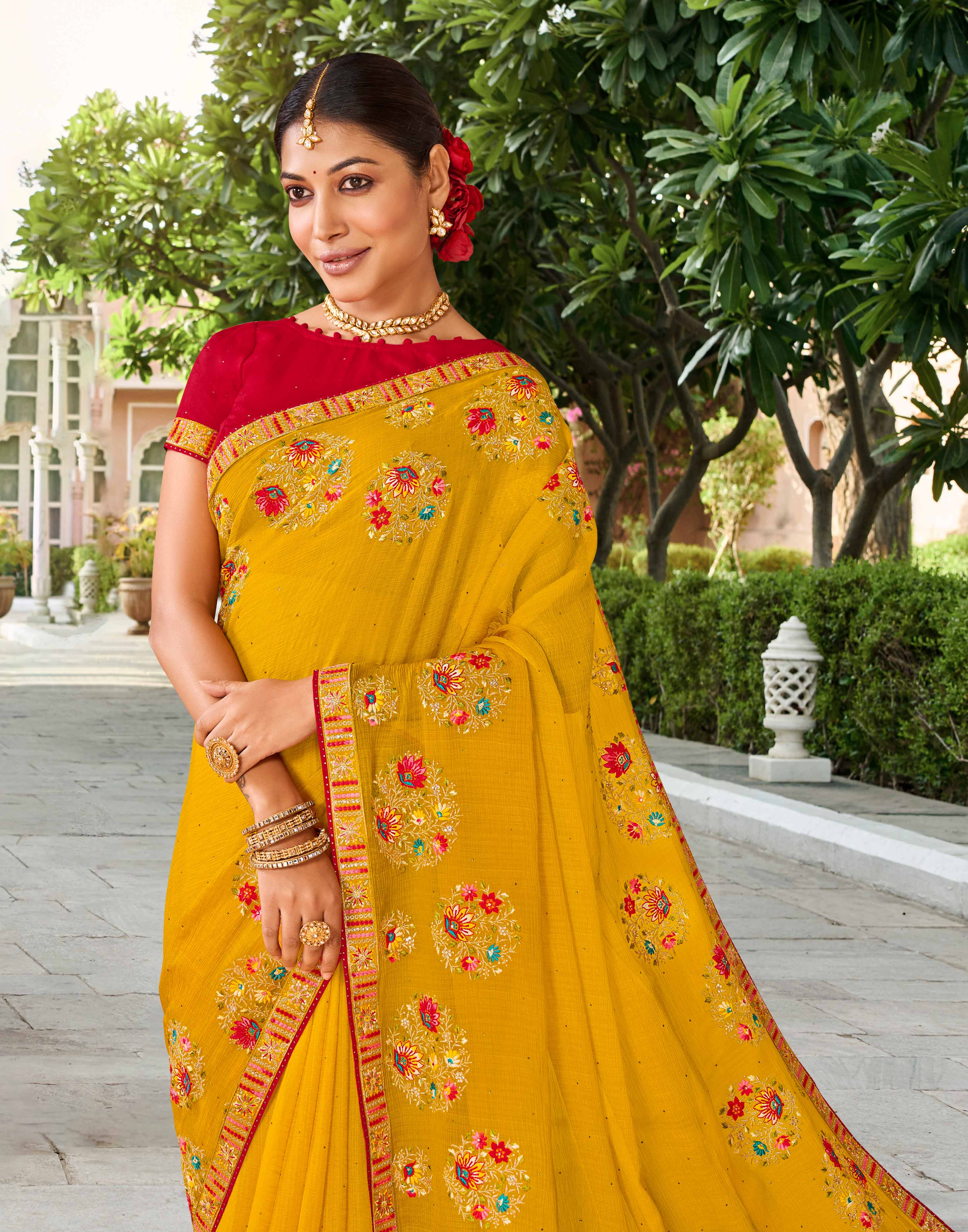 Laxmipati Falooda Floral Embroidered Chiffon Saree in Mustard Color with Unstitched Blouse