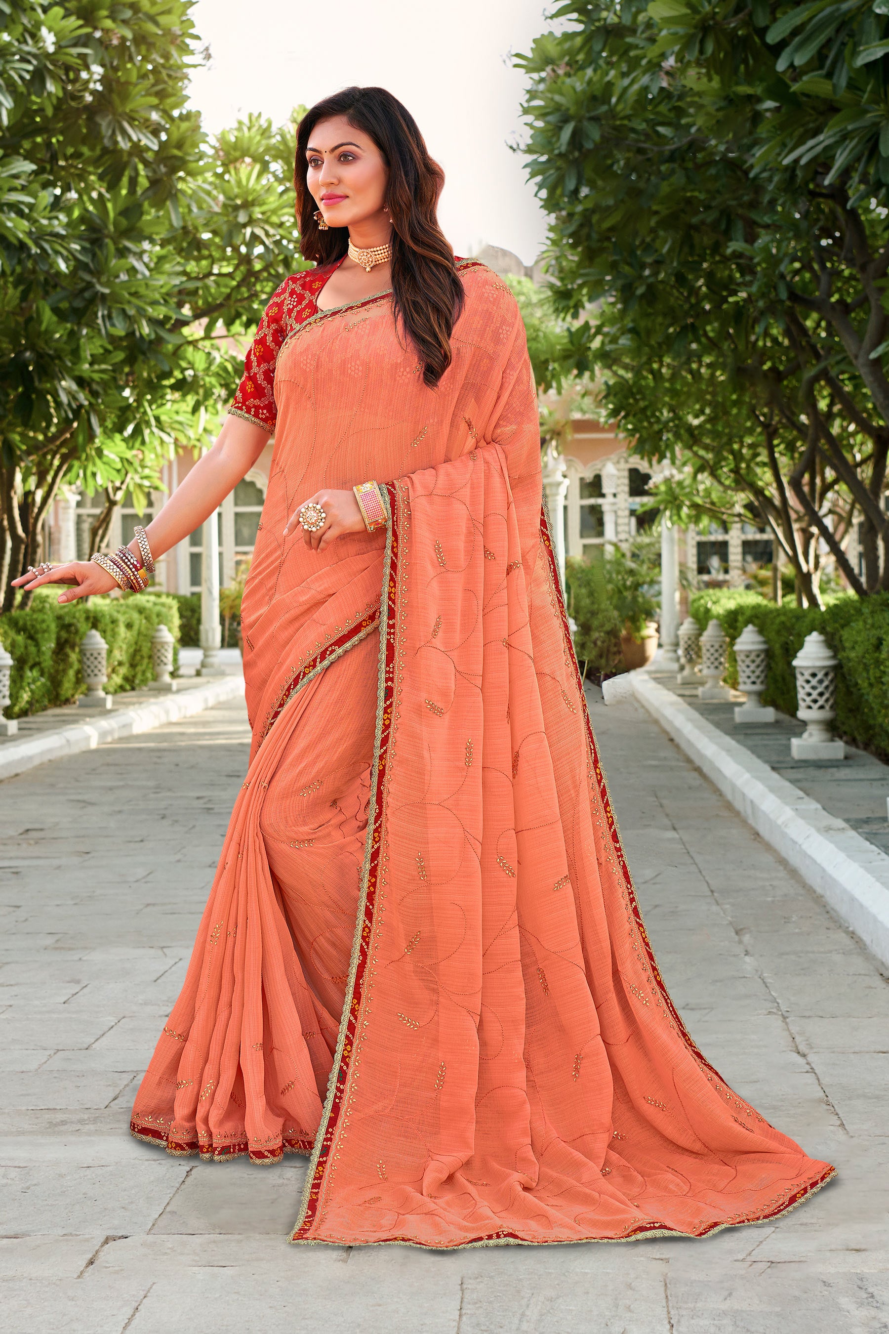 Laxmipati Falooda Floral Embroidered Chiffon Saree in Peach Color with Unstitched Blouse