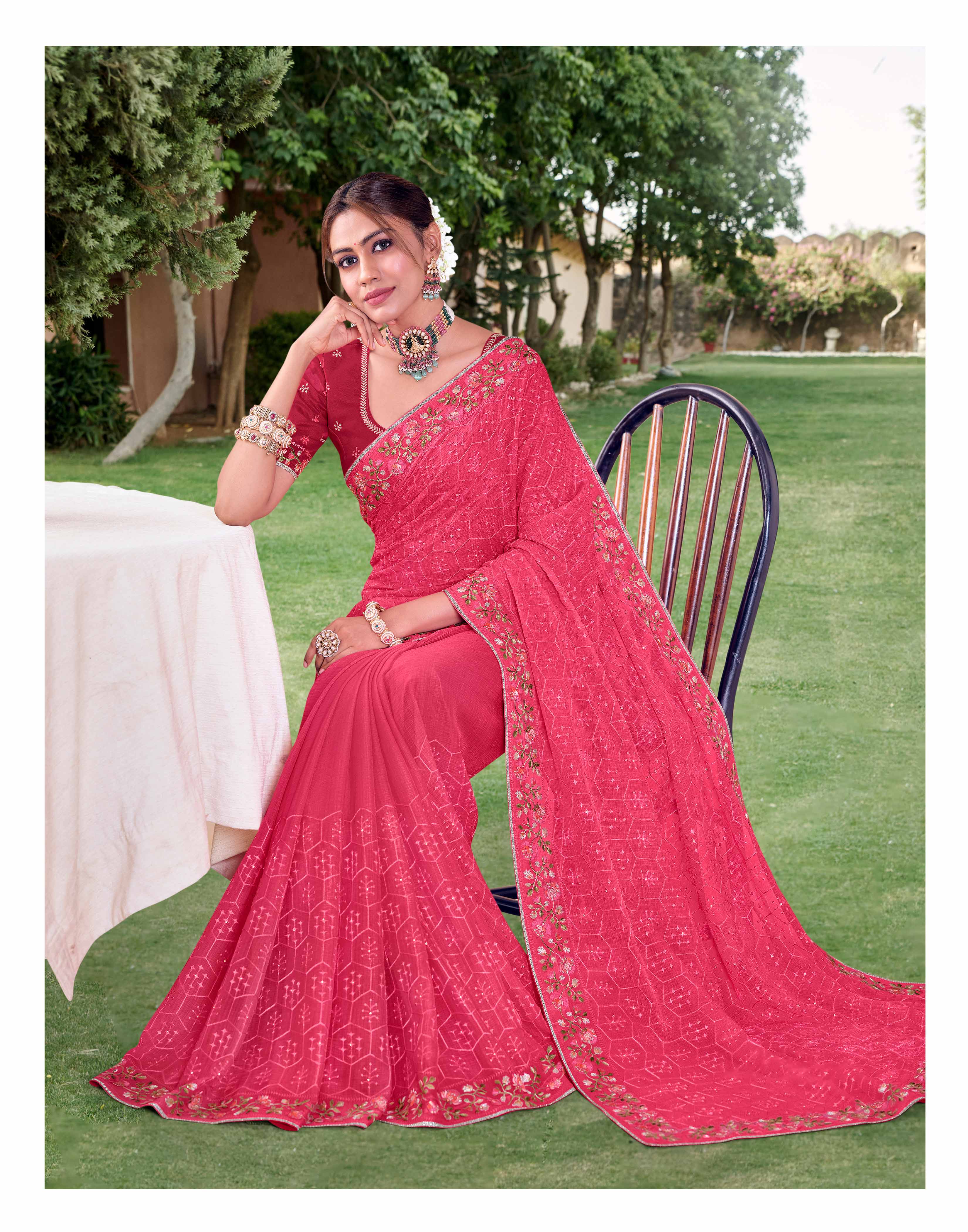 Laxmipati Falooda Floral Embroidered Chiffon Saree in Pink Color with Unstitched Blouse