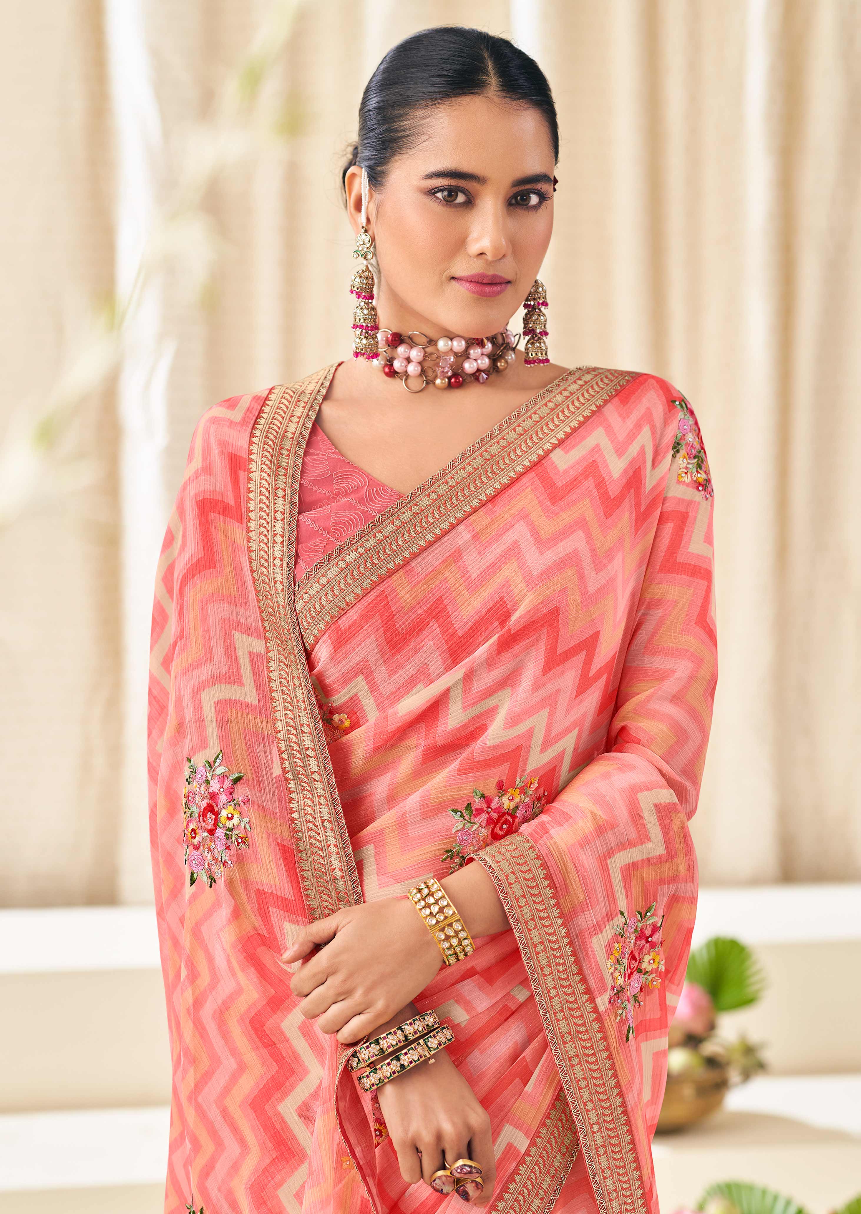 Peach Chiffon Saree with Wavy Print with Floral Embroidery - Aleena
