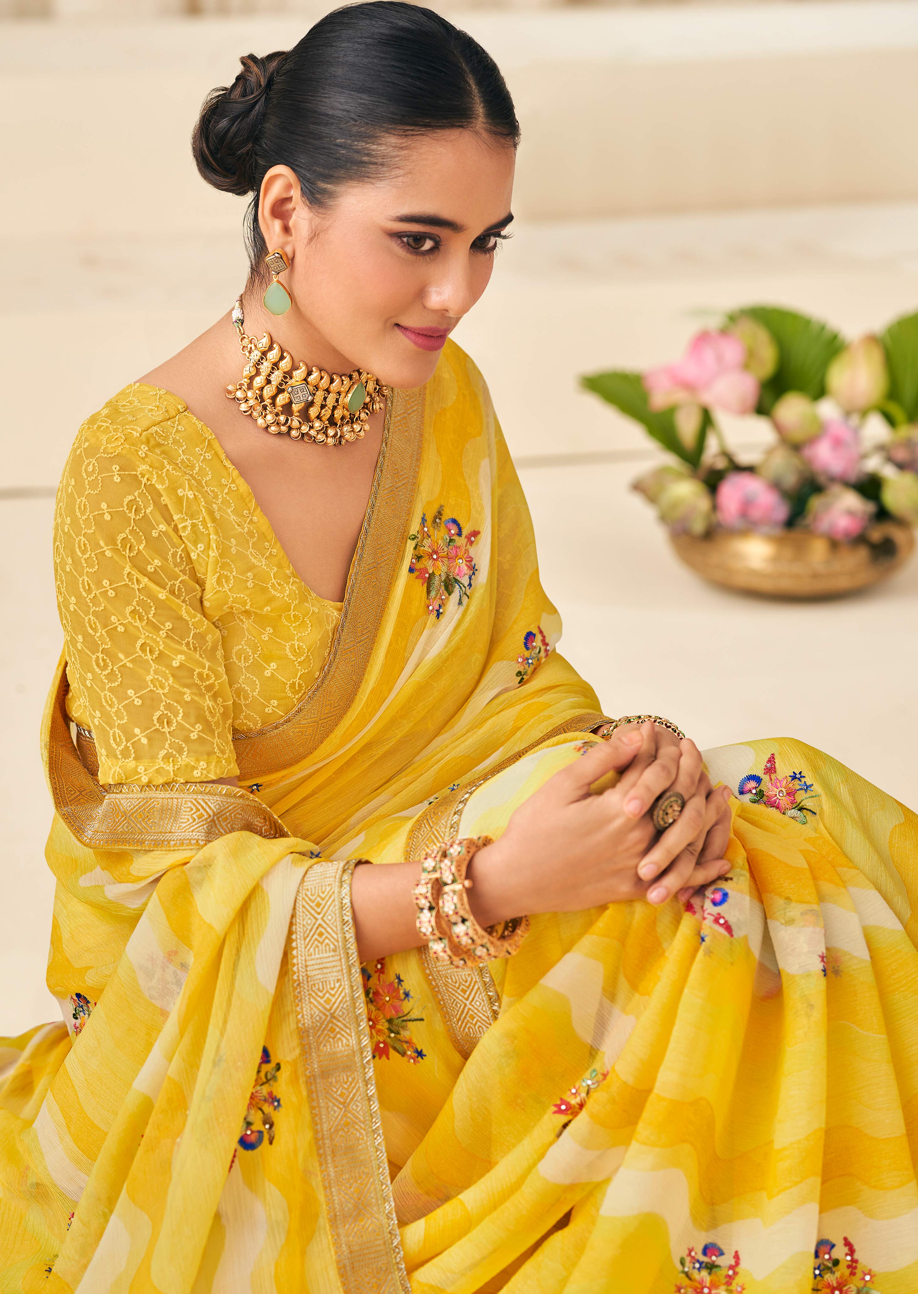 Yellow Chiffon Saree with Wavy Print with Floral Embroidery - Aleena