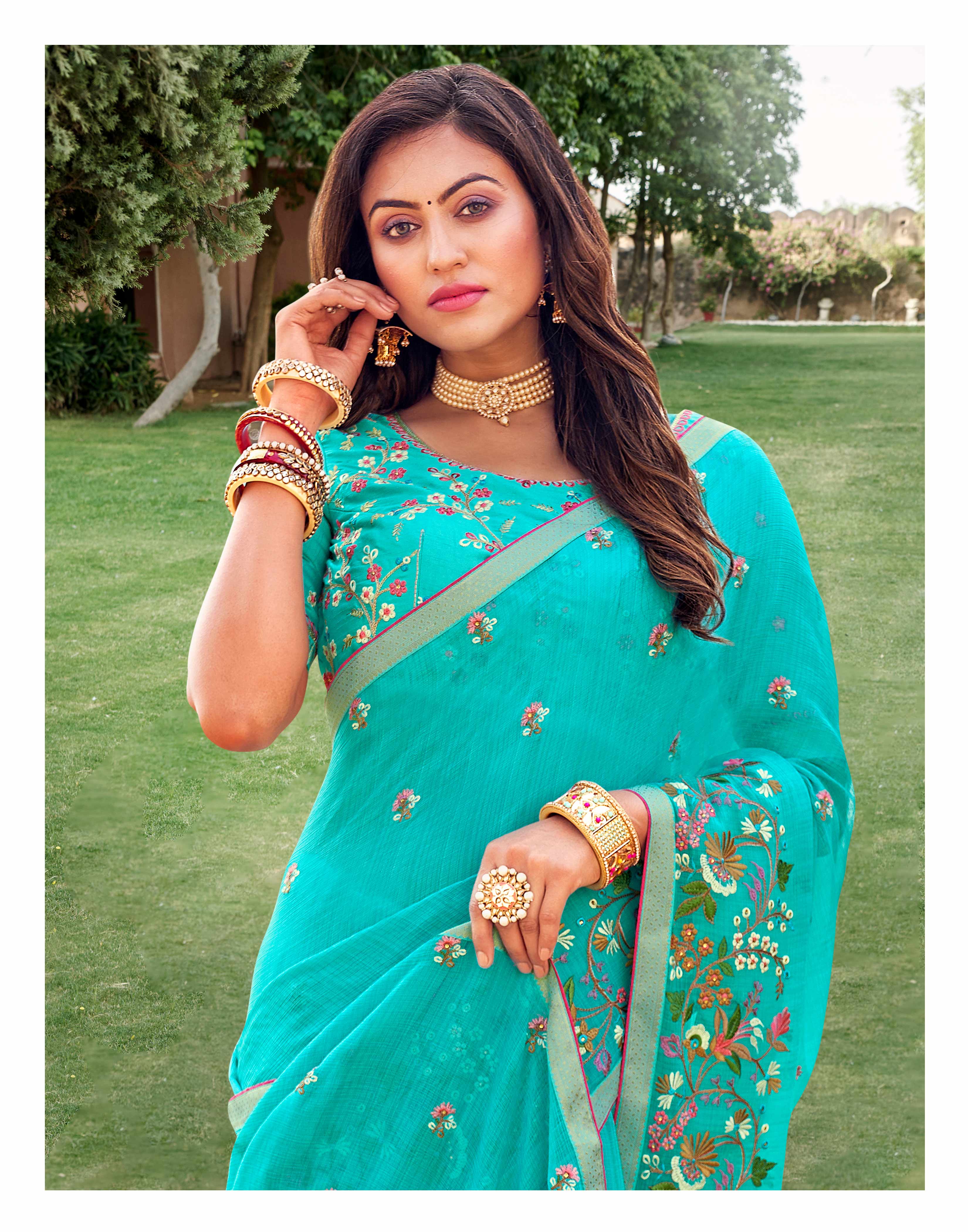 Laxmipati Falooda Floral Embroidered along with Stone Work Chiffon Saree in Sky Blue Color with Unstitched Blouse