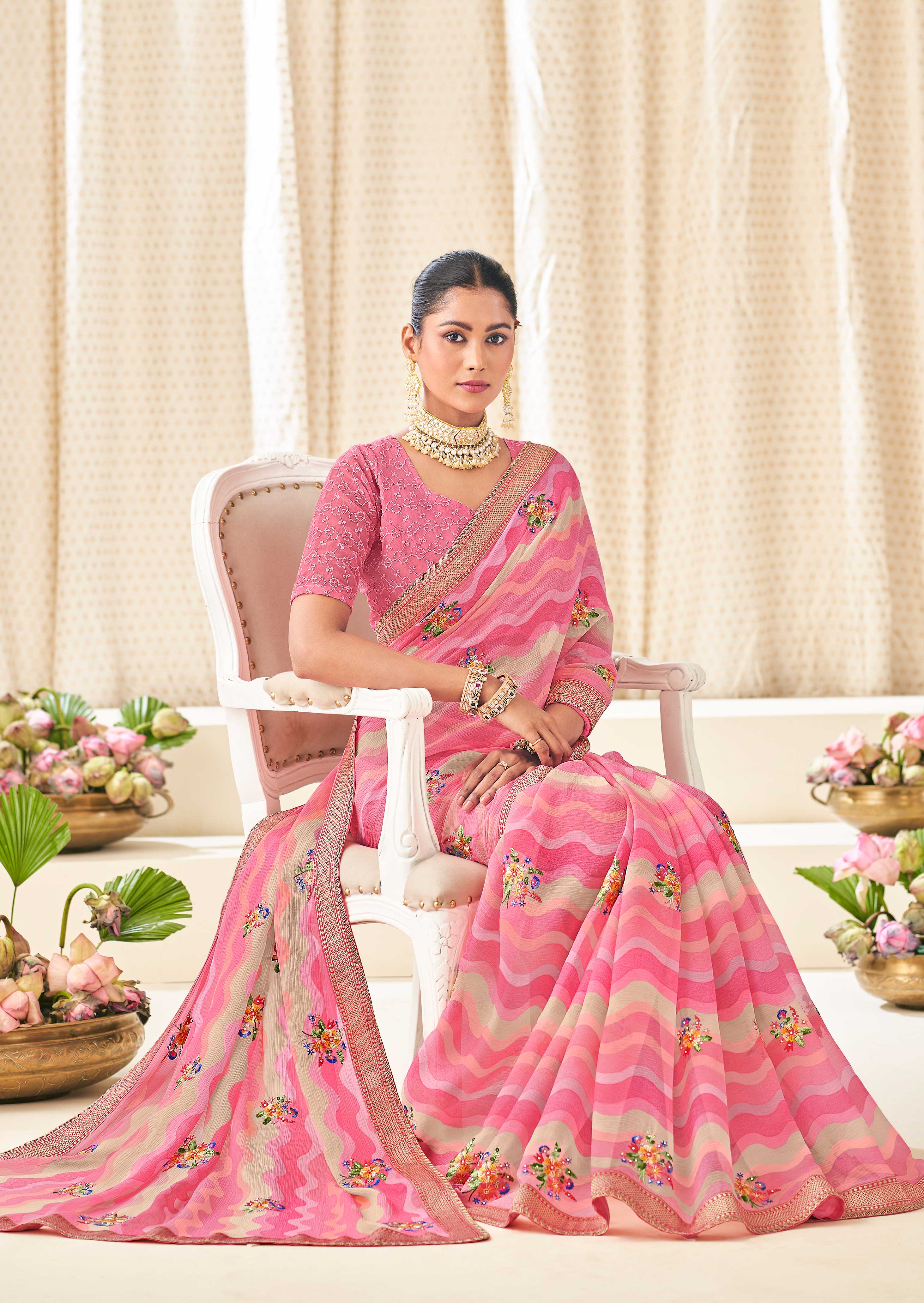 Pink Chiffon Saree with Wavy Print with Floral Embroidery - Aleena