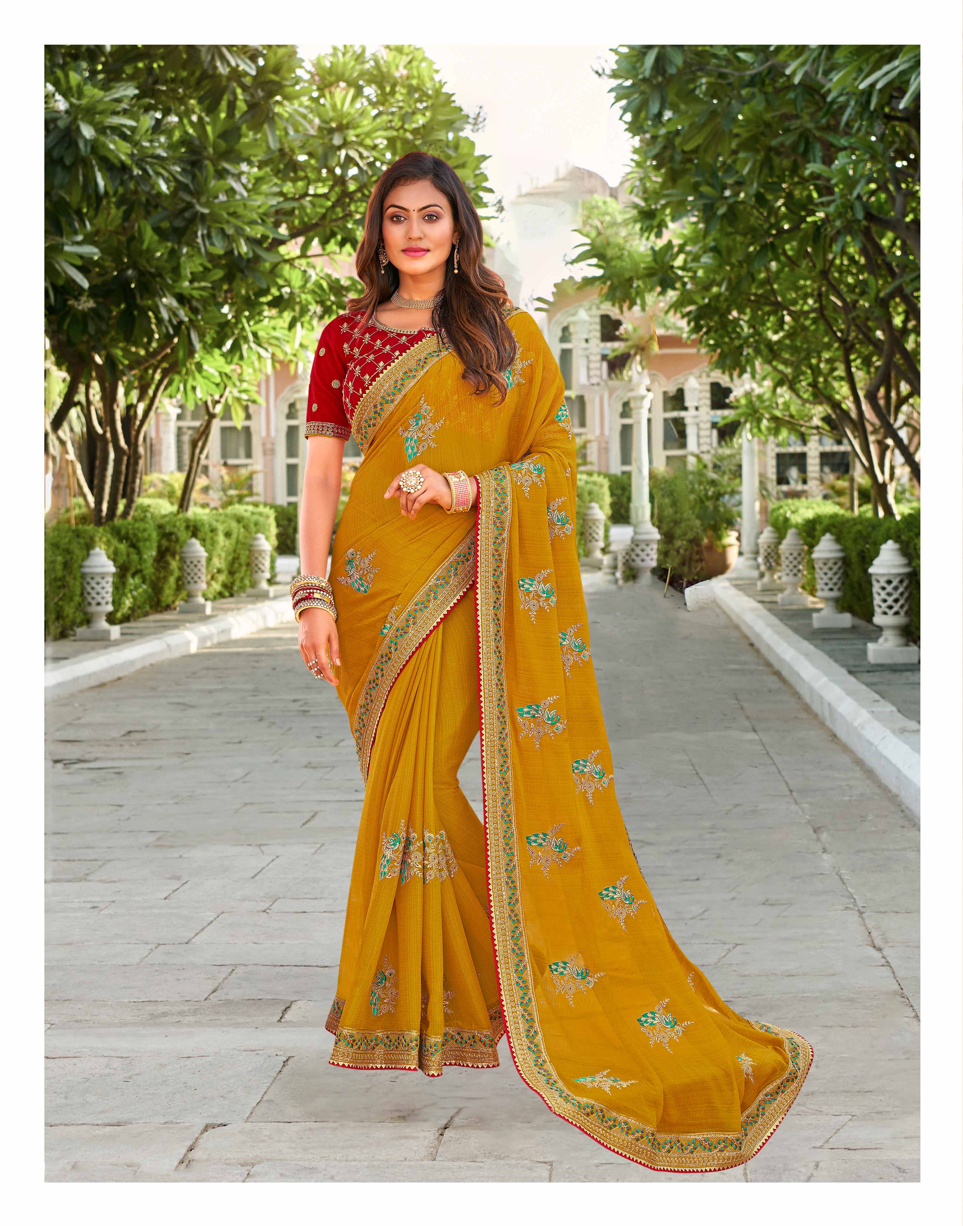 Laxmipati Falooda Peacock Motifs Embroidered Chiffon Saree with Ochre Yellow with Unstitched Blouse