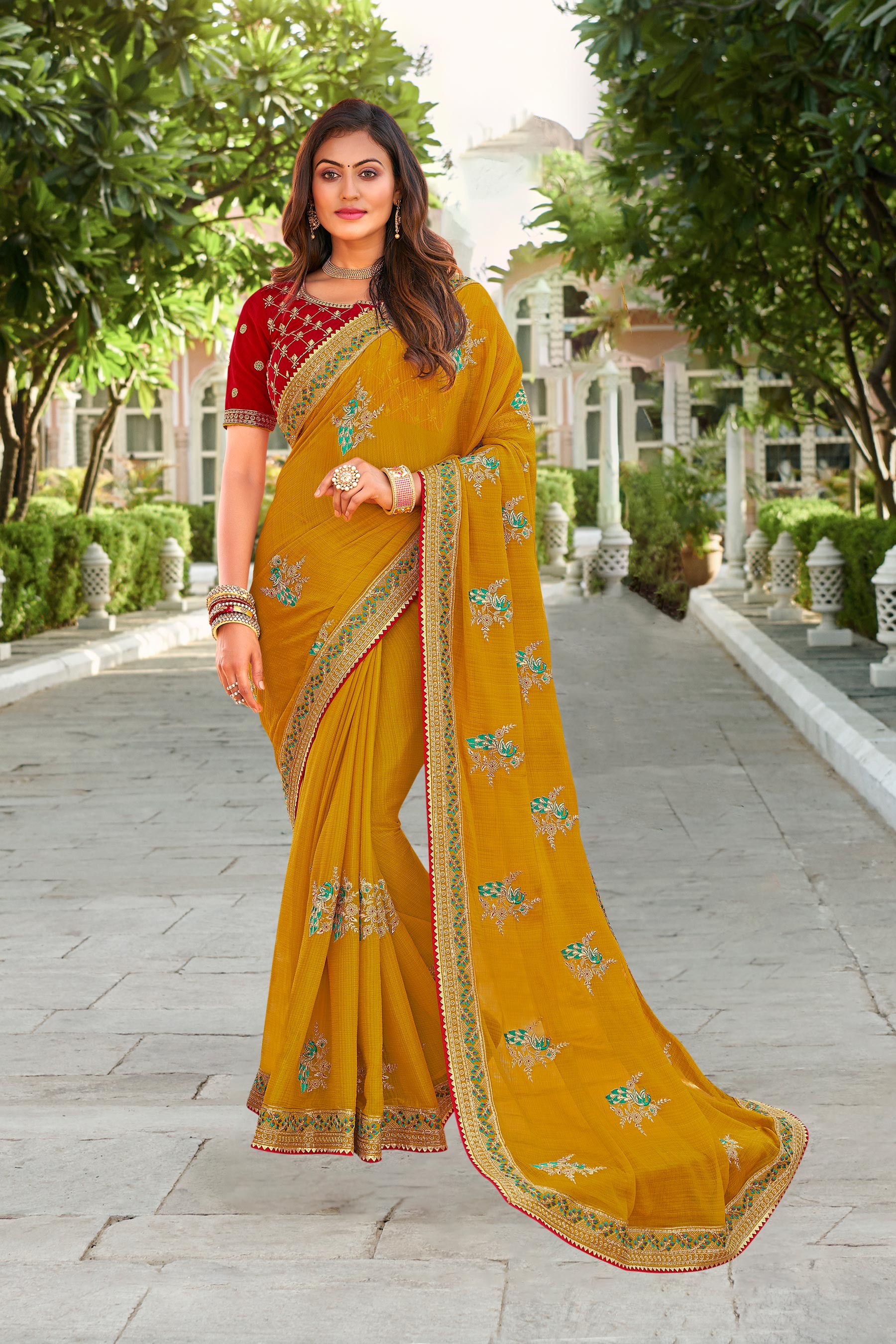 Laxmipati Falooda Peacock Motifs Embroidered Chiffon Saree with Ochre Yellow with Unstitched Blouse
