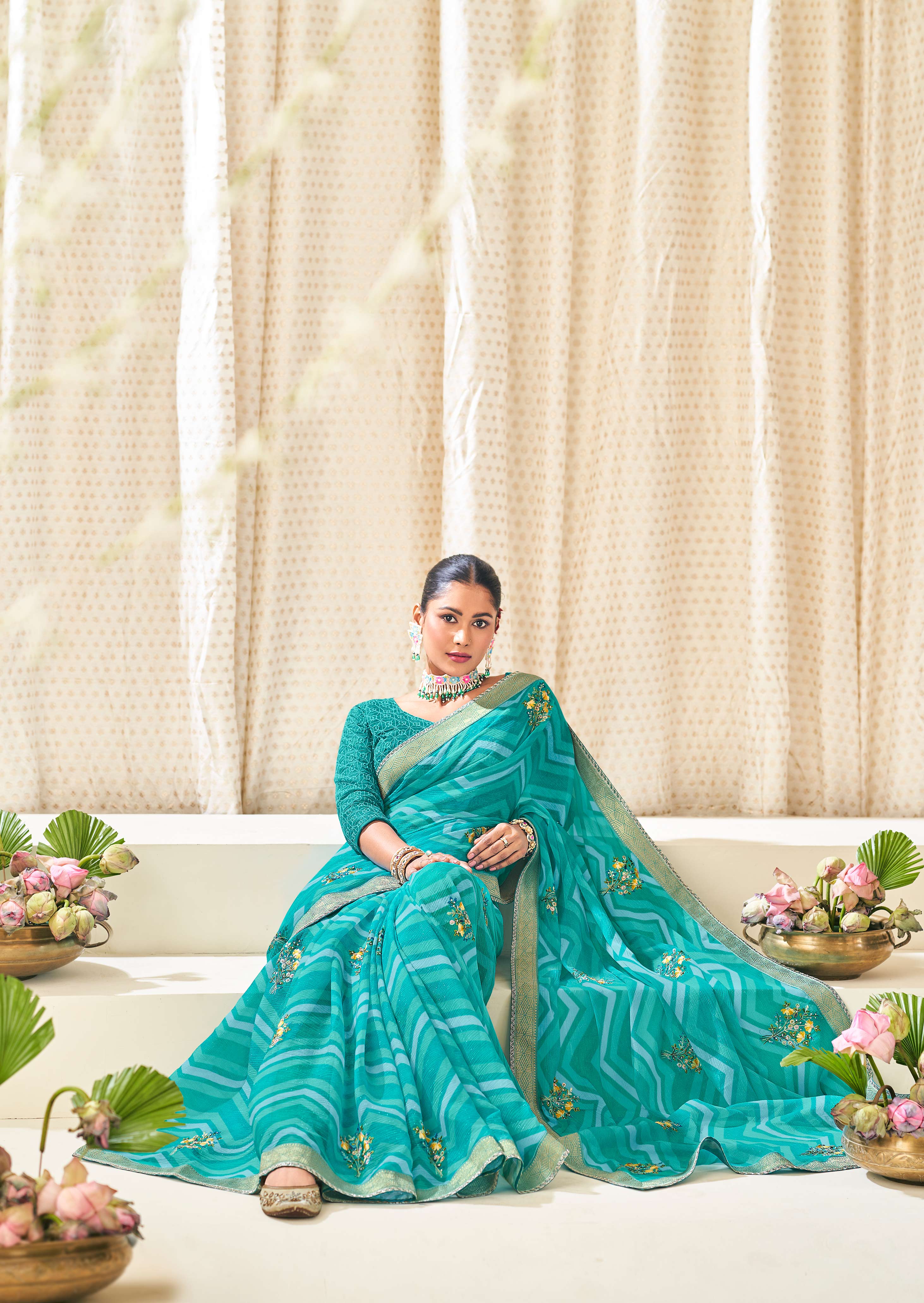 Sky Blue Chiffon Saree with Wavy Print with Floral Embroidery - Aleena