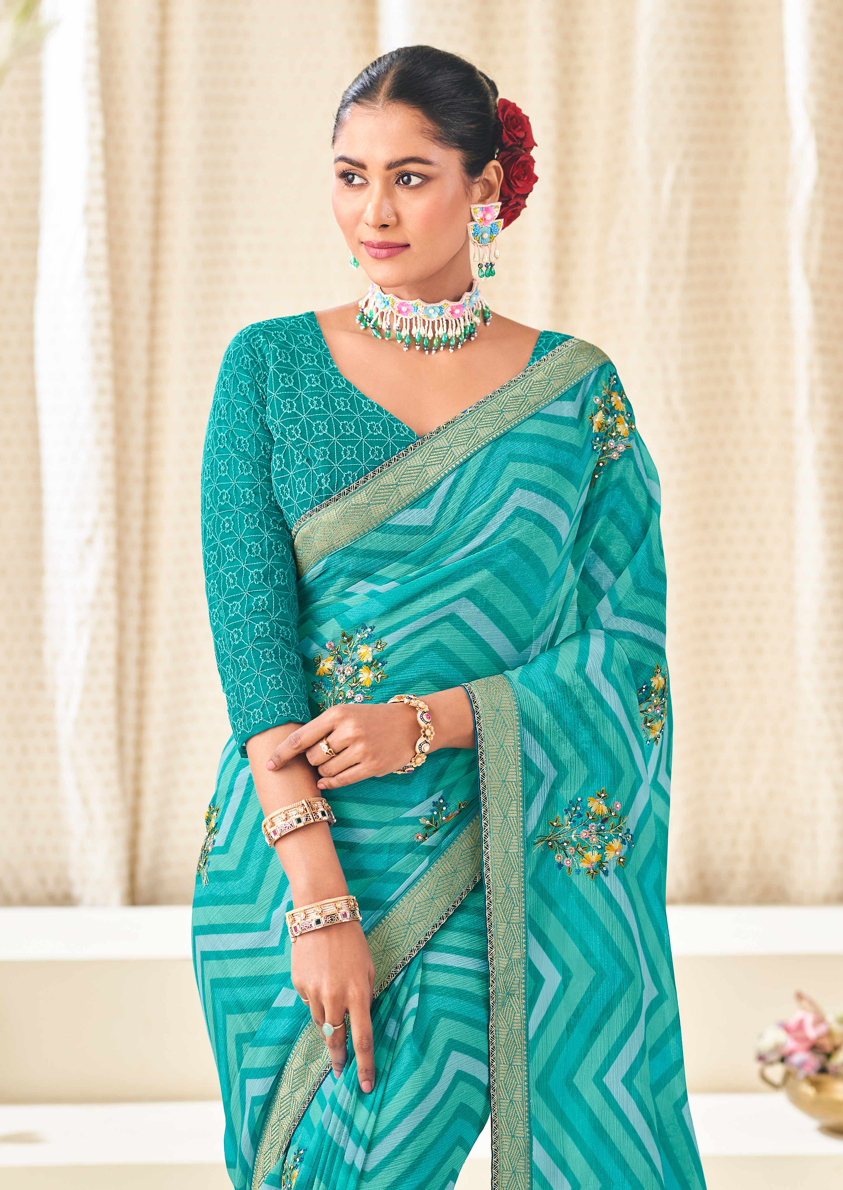 Sky Blue Chiffon Saree with Wavy Print with Floral Embroidery - Aleena