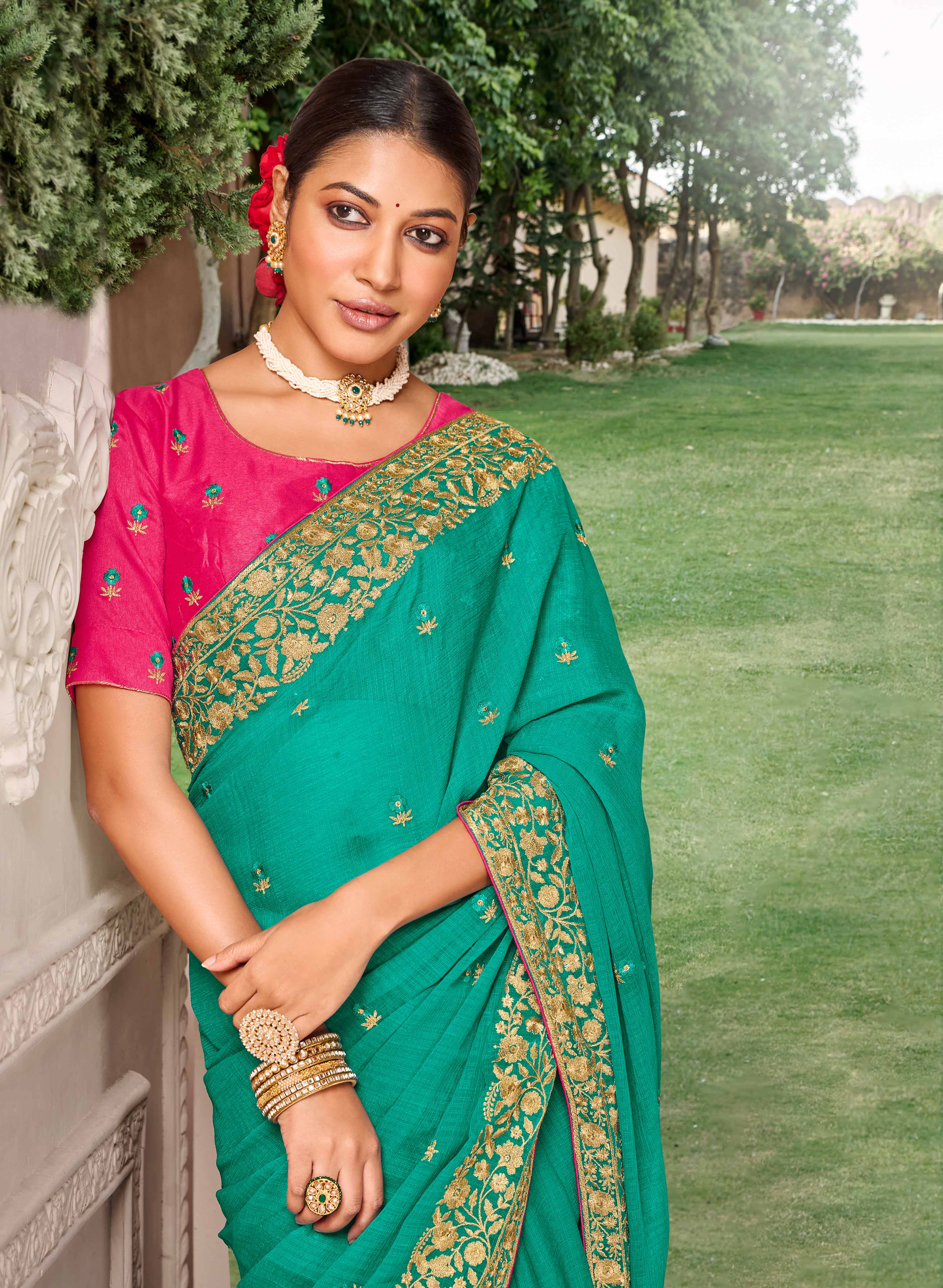 Laxmipati Falooda Floral Zari Embroidered Chiffon Saree in Teal Blue Color with Unstitched Blouse