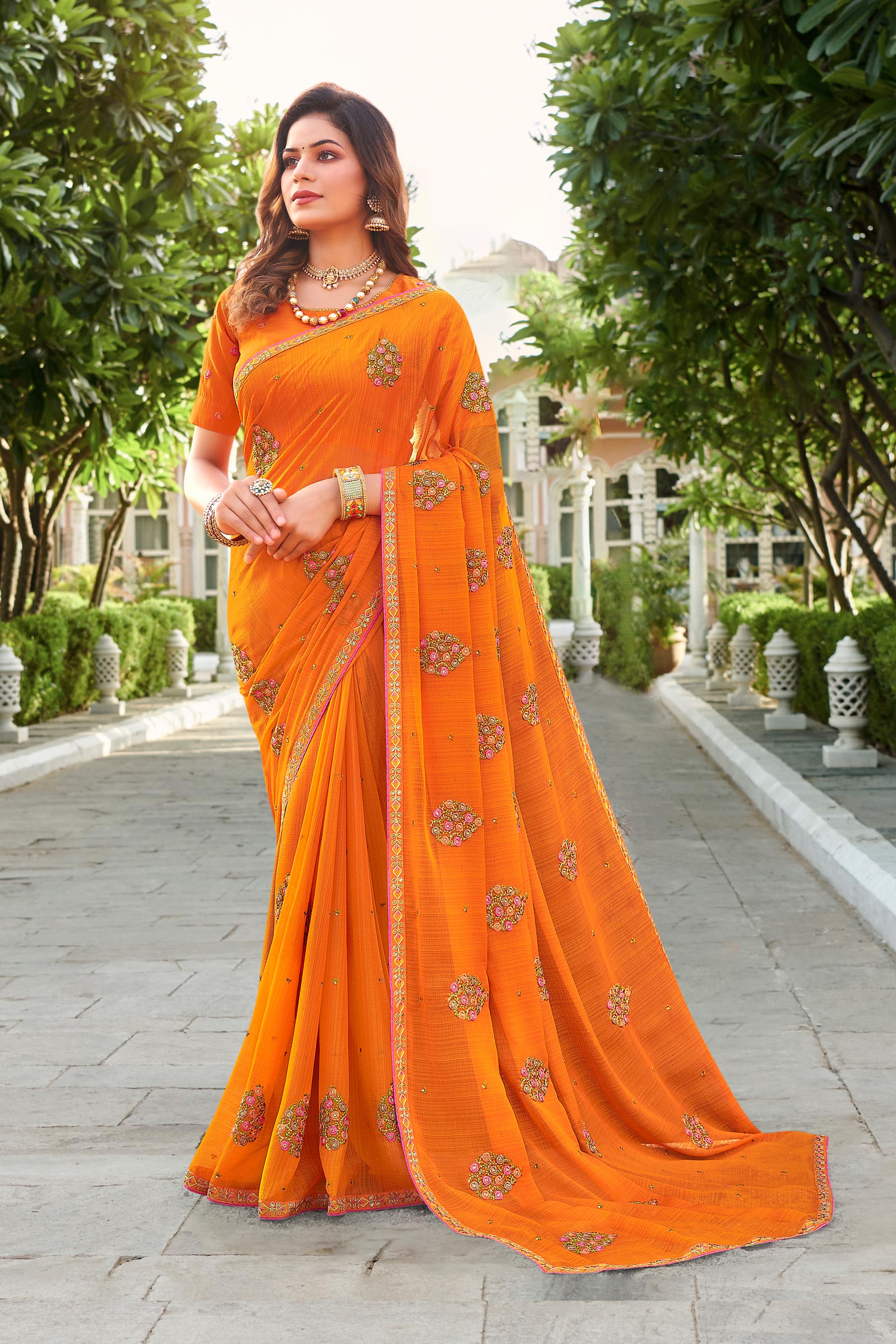 Laxmipati Falooda Floral Embroidered Chiffon Saree in Orange Color with Unstitched Blouse