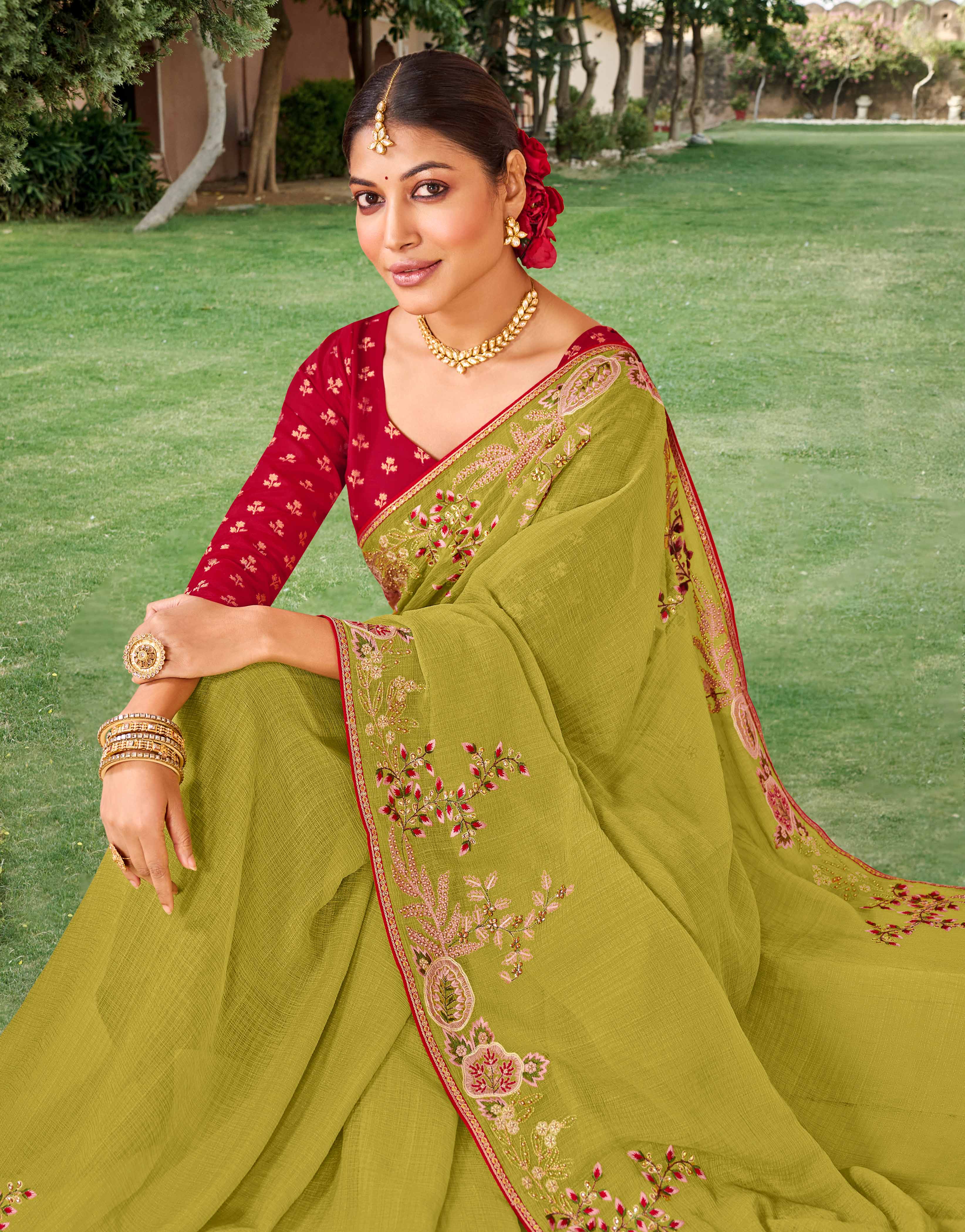 Laxmipati Falooda Floral Embroidered Chiffon Saree in Lime Green Color with Unstitched Blouse