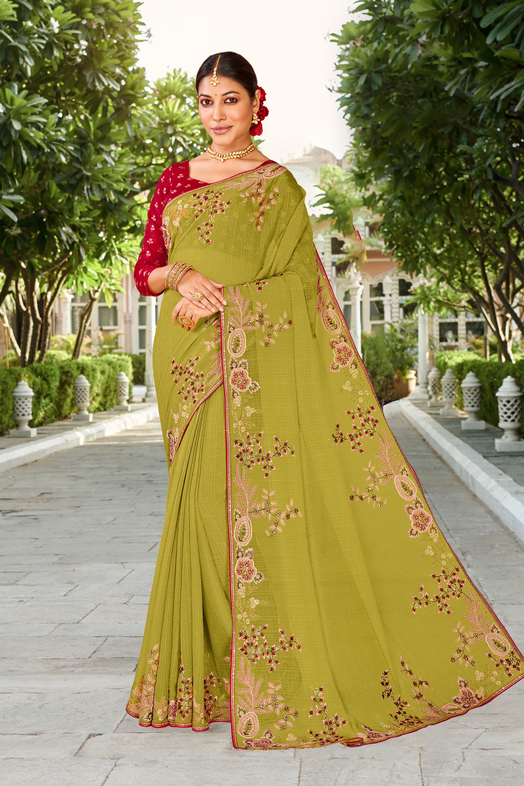 Laxmipati Falooda Floral Embroidered Chiffon Saree in Lime Green Color with Unstitched Blouse