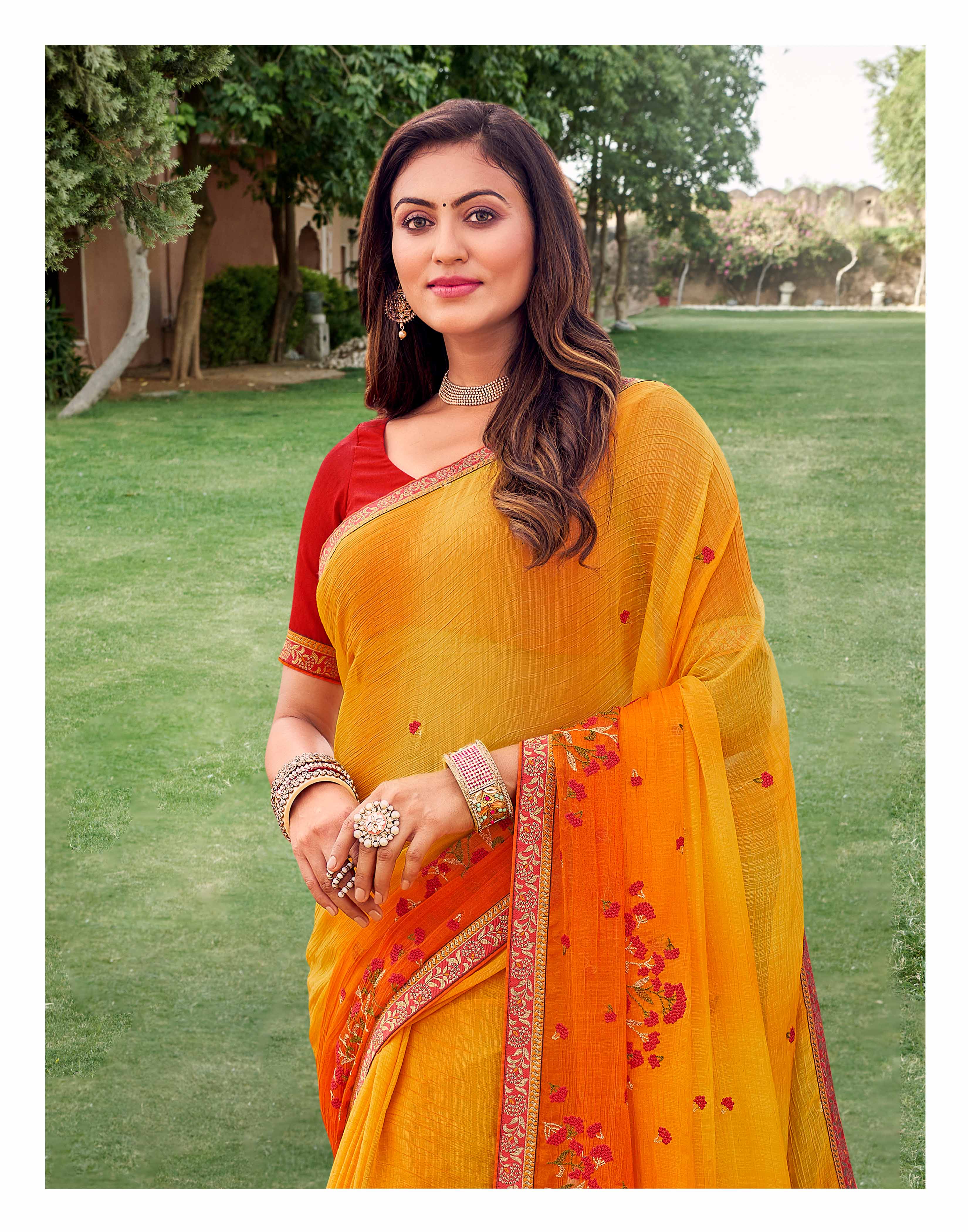 Laxmipati Falooda Ombre Floral Embroidered along with Stone Work Chiffon Saree in Yellow Color with Unstitched Blouse