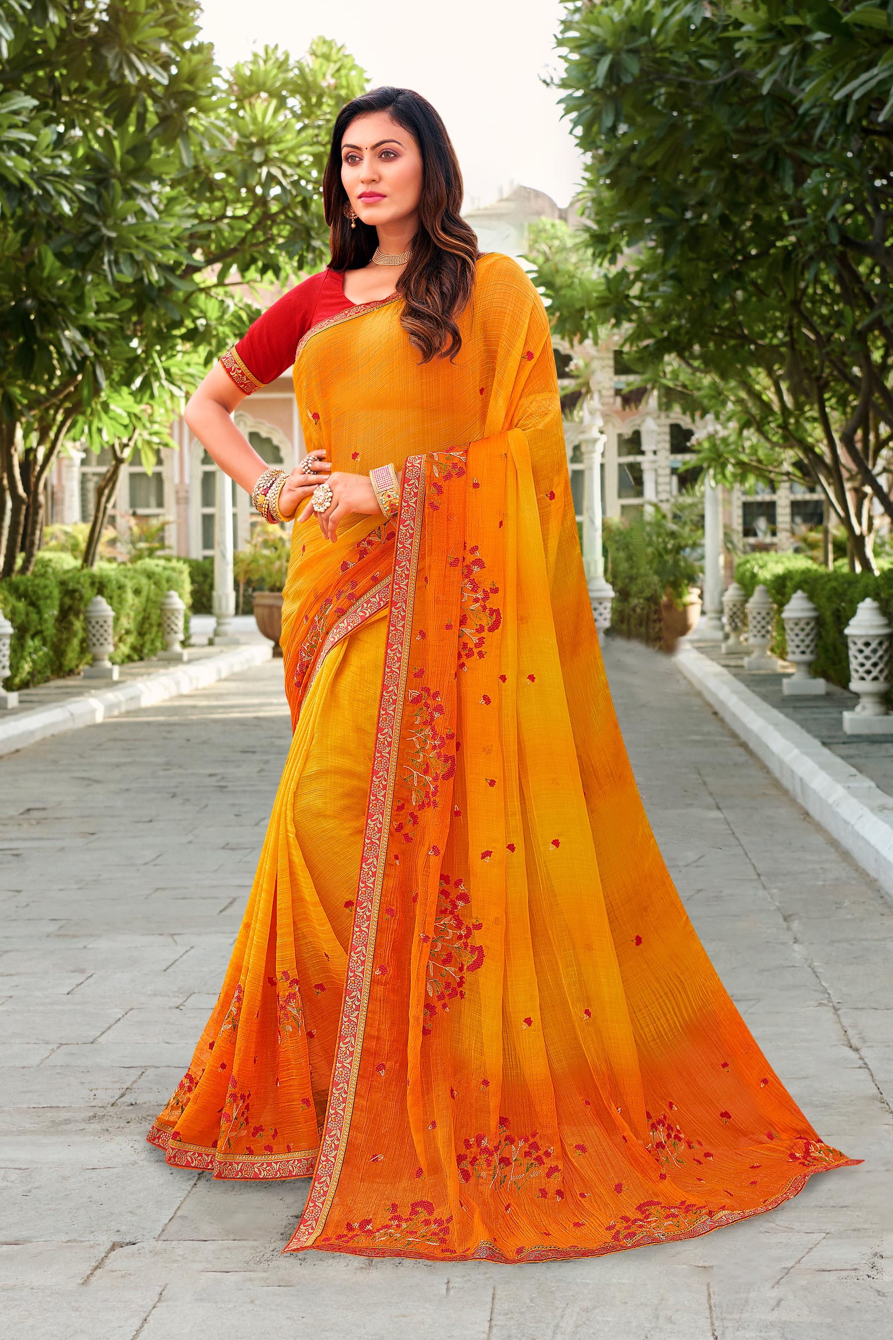 Laxmipati Falooda Ombre Floral Embroidered along with Stone Work Chiffon Saree in Yellow Color with Unstitched Blouse