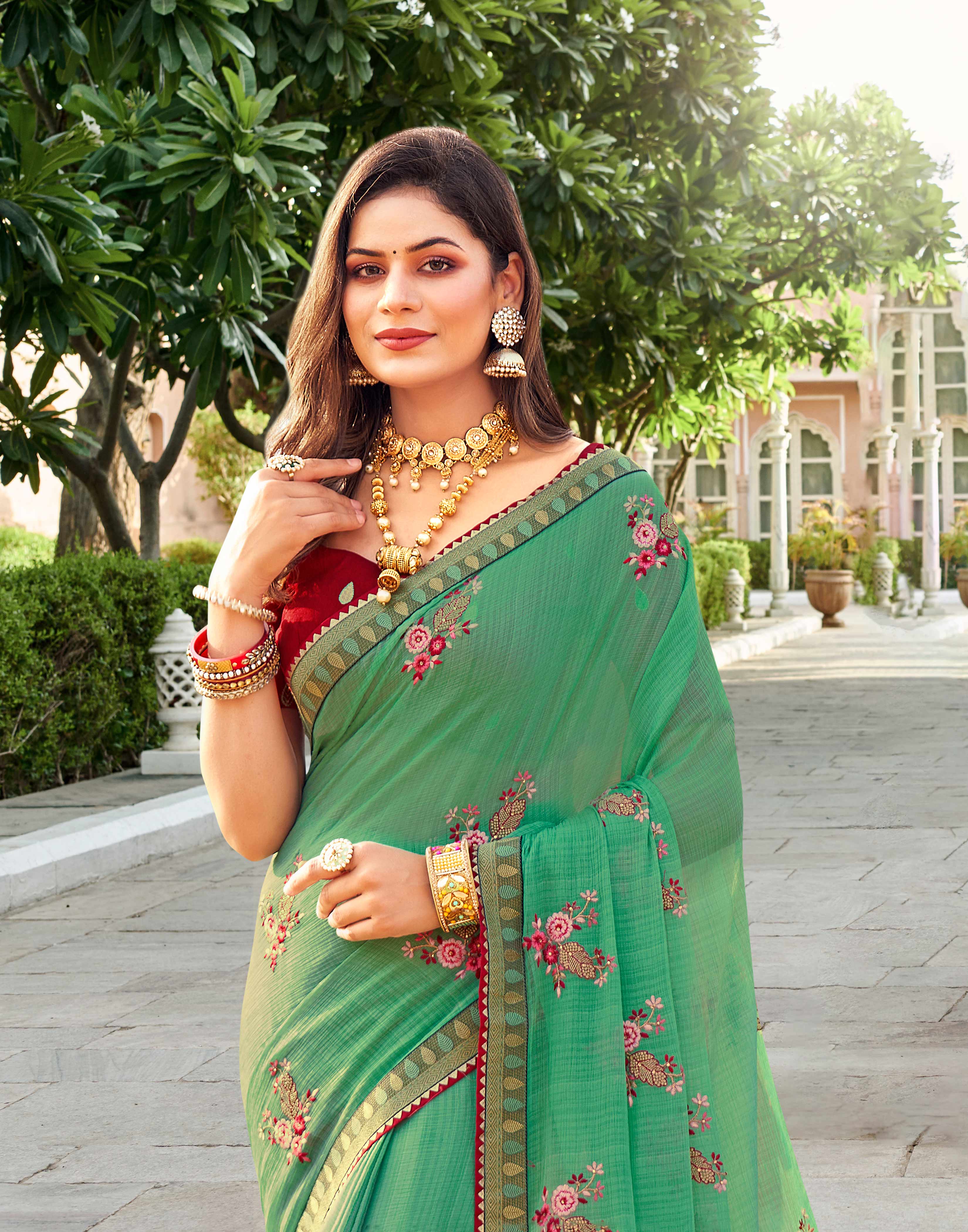 Laxmipati Falooda Floral Embroidered Chiffon Saree in Green Color with Unstitched Blouse