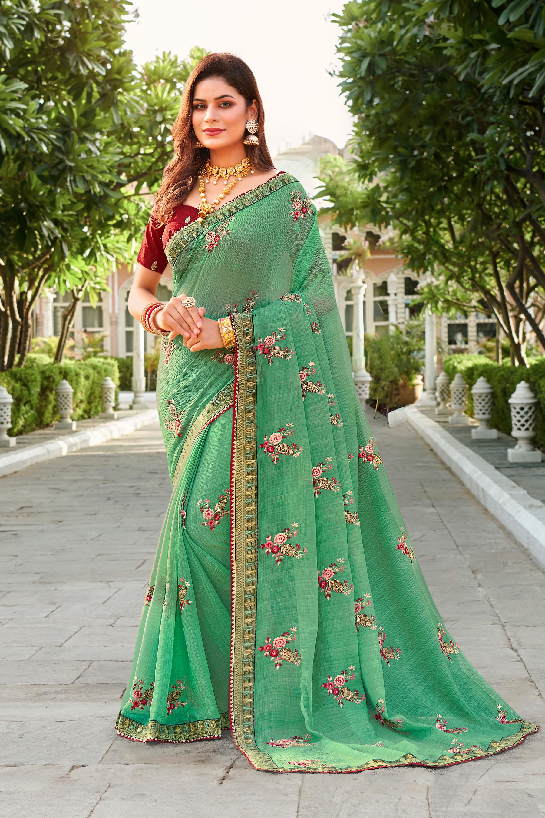 Laxmipati Falooda Floral Embroidered Chiffon Saree in Green Color with Unstitched Blouse