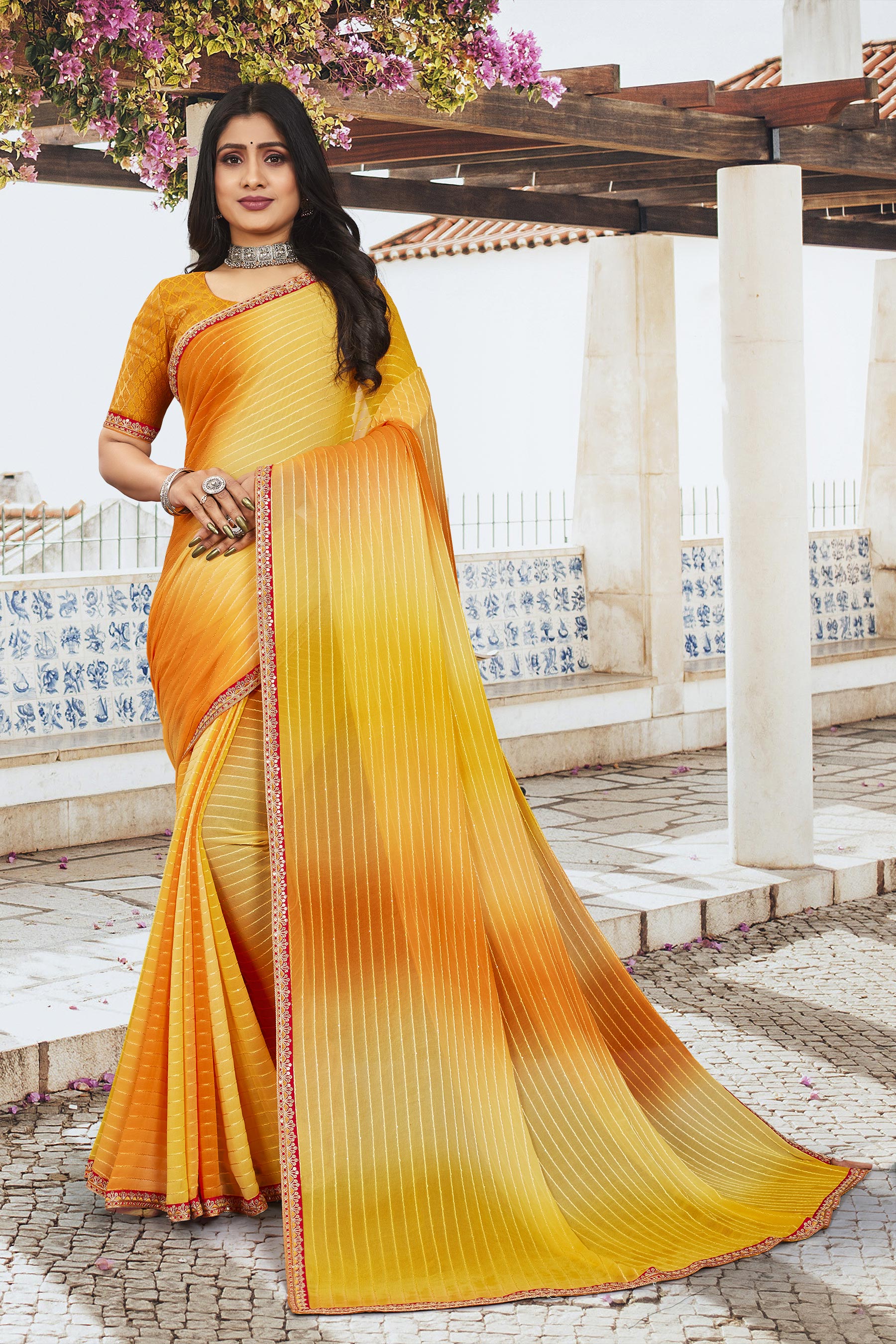 Yellow Georgette Designer Embroidered Saree