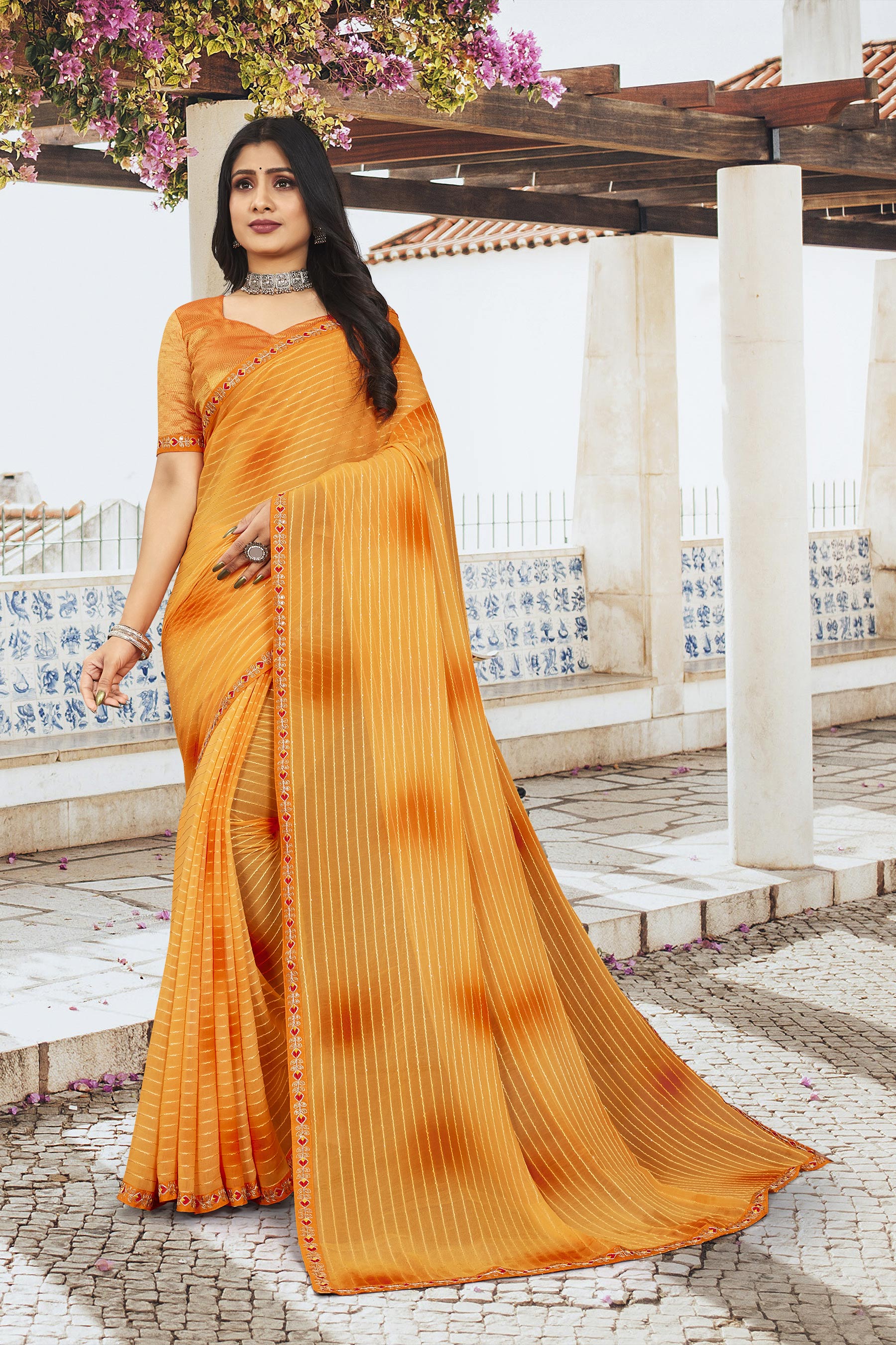 Mustard Georgette Designer Embroidered Saree