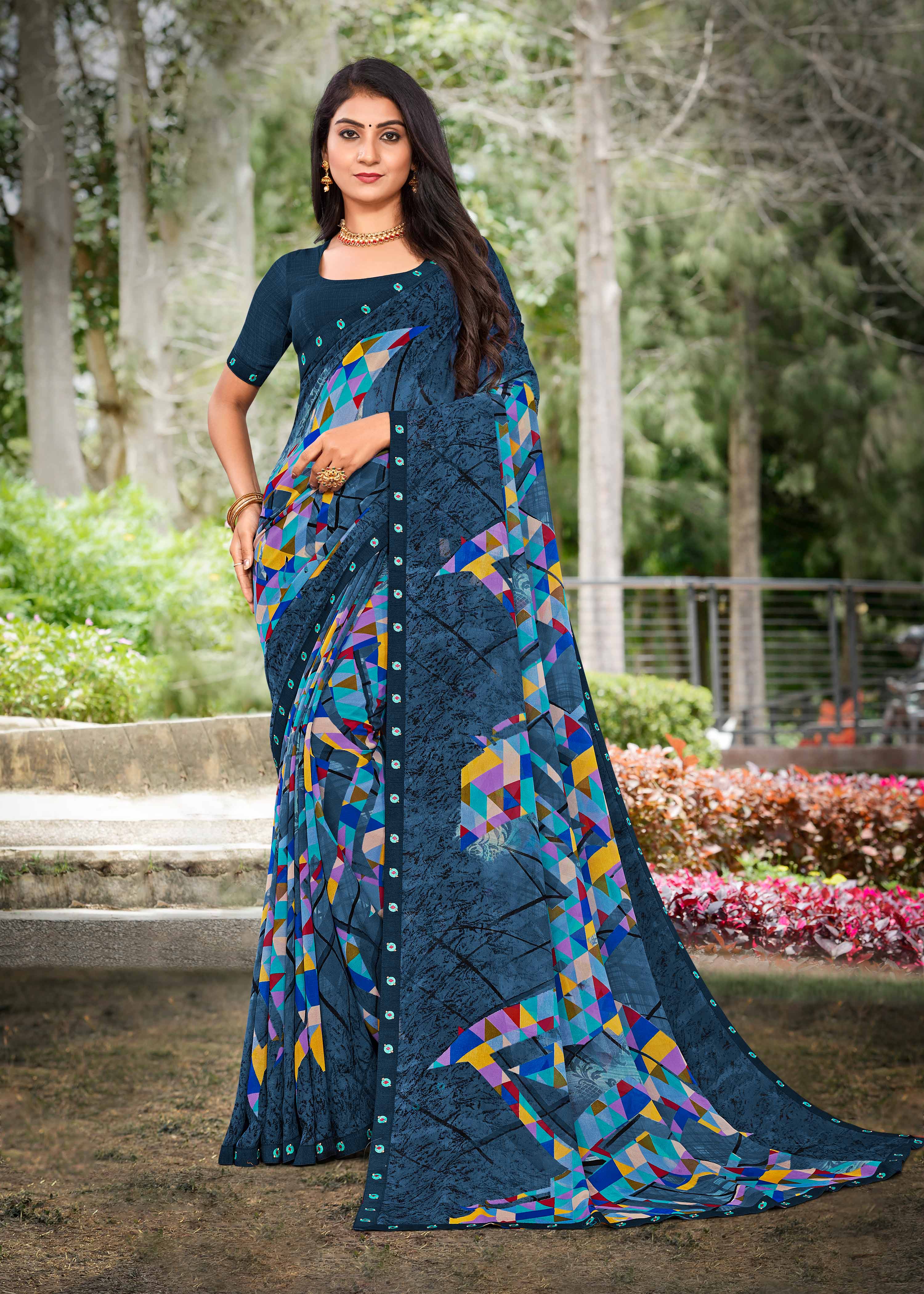 Blue Georgette Saree with Geometrical Print & Fancy Lace Border - Chitra