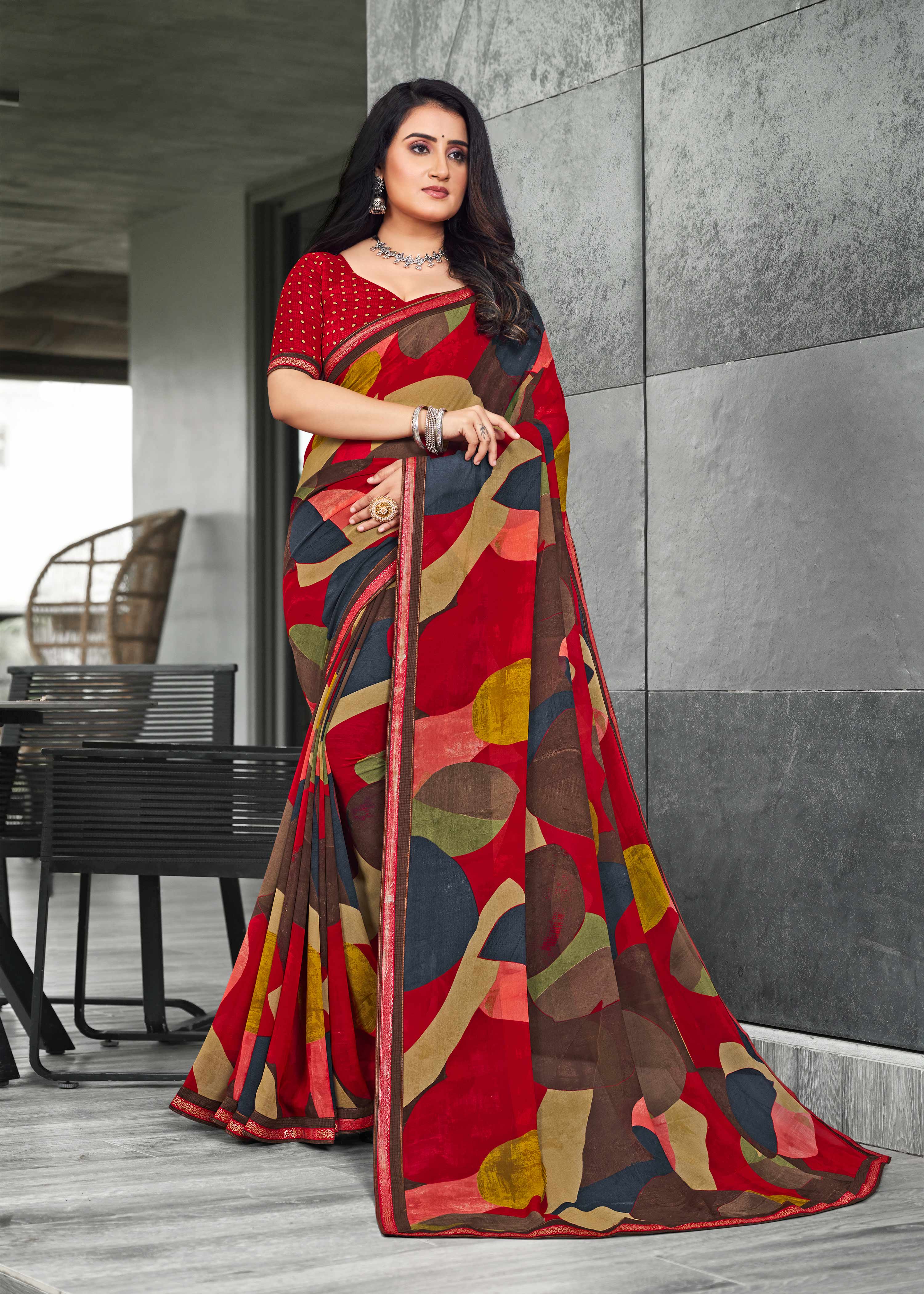 Multicolor Georgette Abstract Print Saree with Lace Border - Chitra