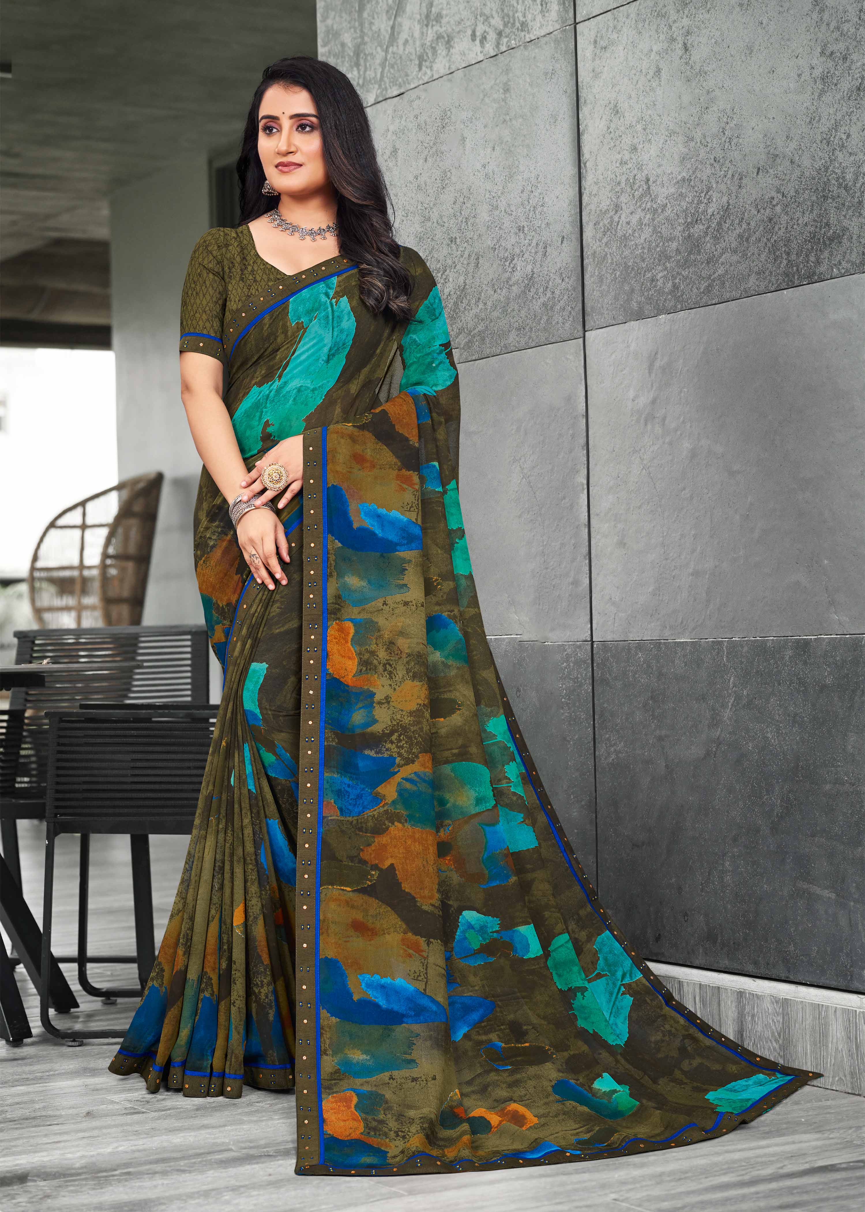 Dark Green Georgette Abstract Print Saree with Lace Border - Chitra