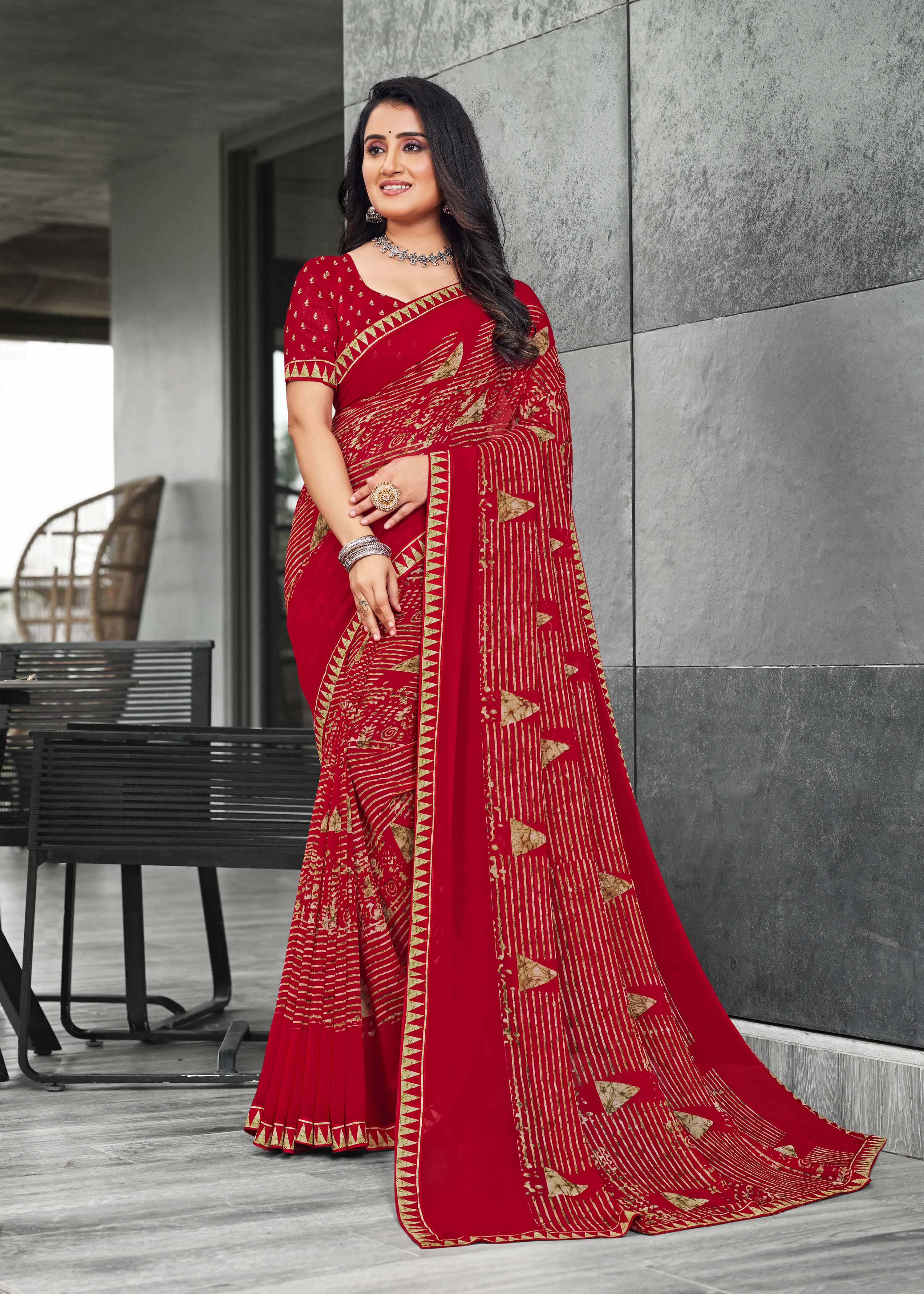 Red Georgette Stripe Saree with Geometrical Print & Designer Border - Chitra