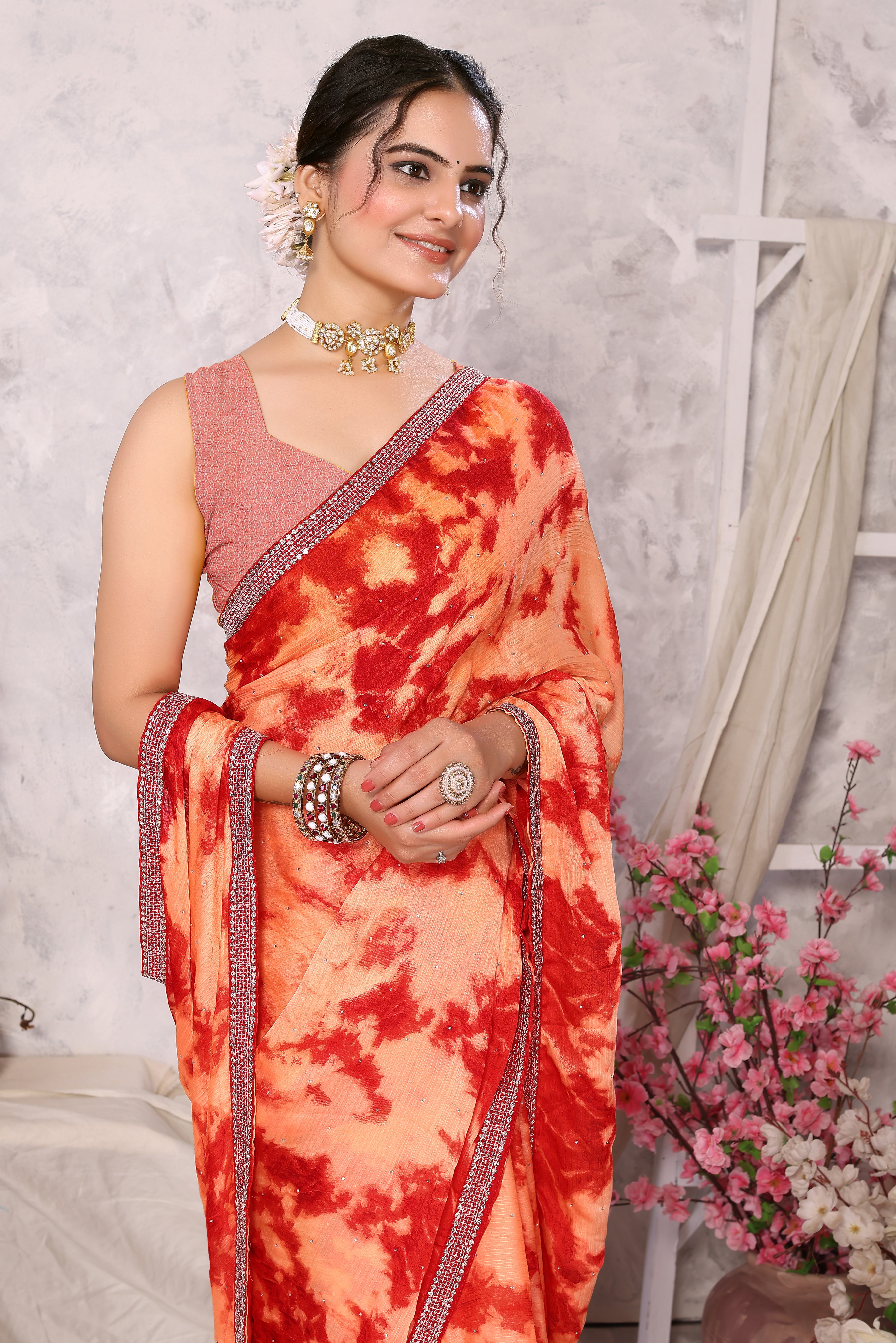Laxmipati 13458 Swarda Peach Satin Chiffon Diamond Work Saree
