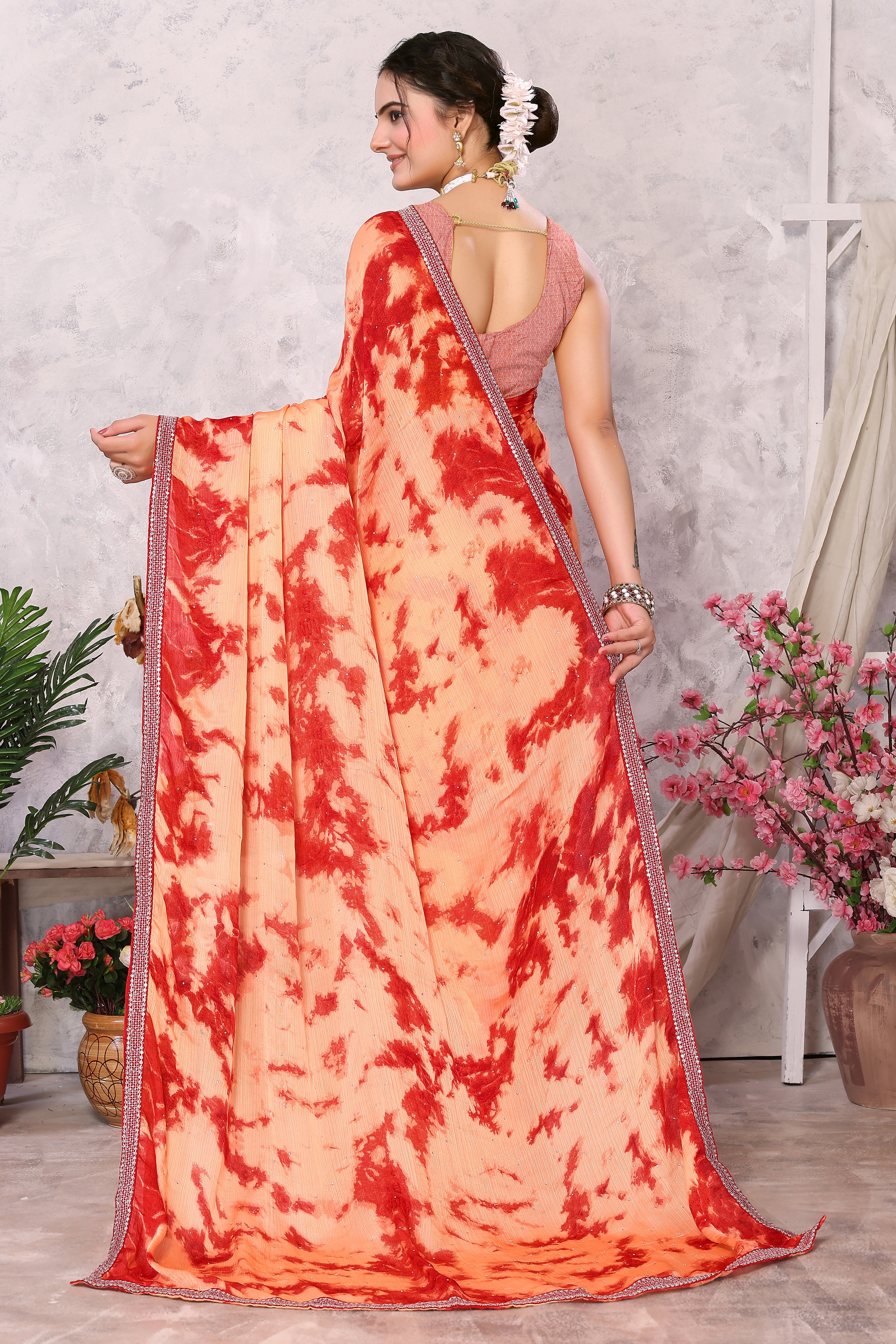 Laxmipati 13458 Swarda Peach Satin Chiffon Diamond Work Saree