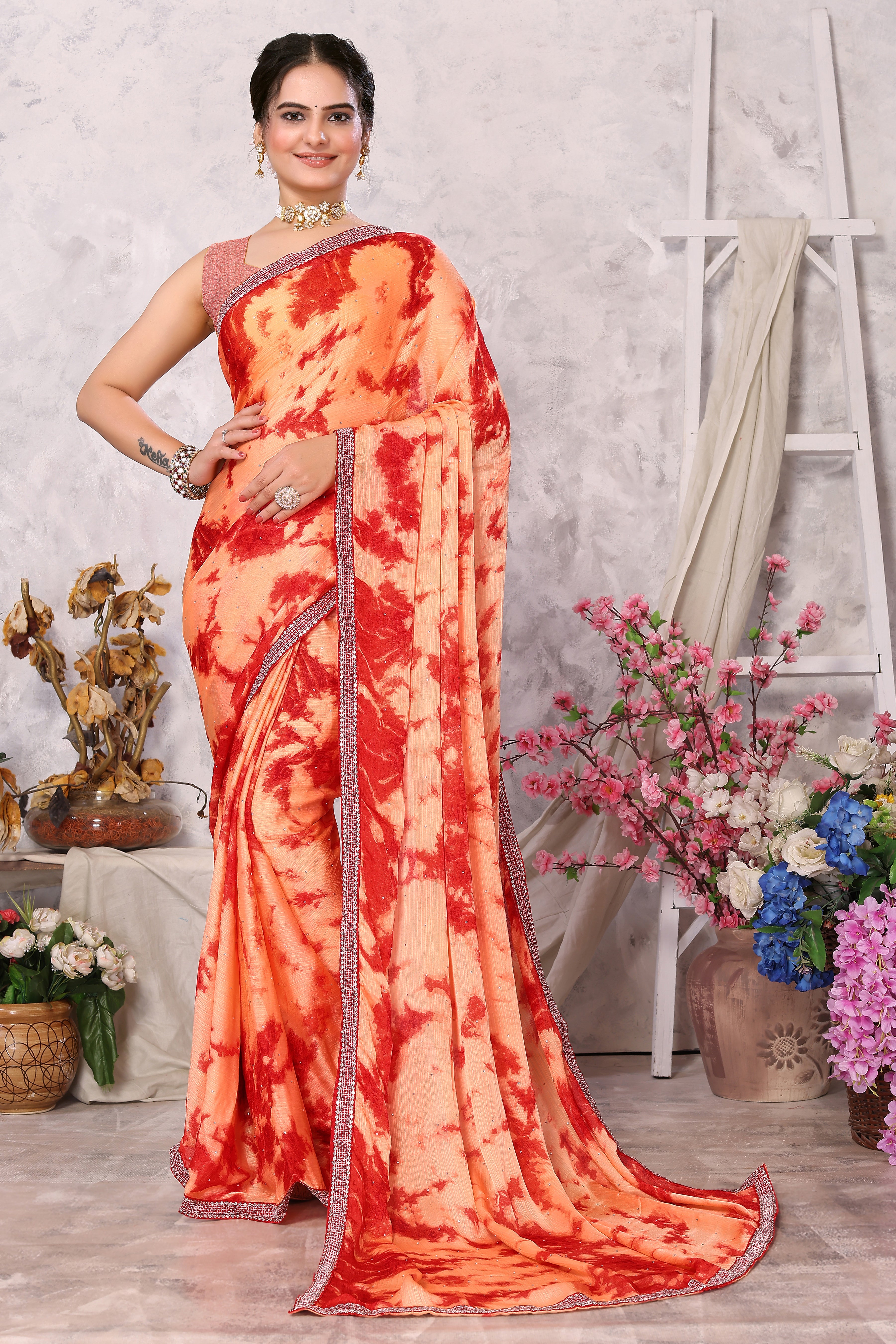 Laxmipati 13458 Swarda Peach Satin Chiffon Diamond Work Saree