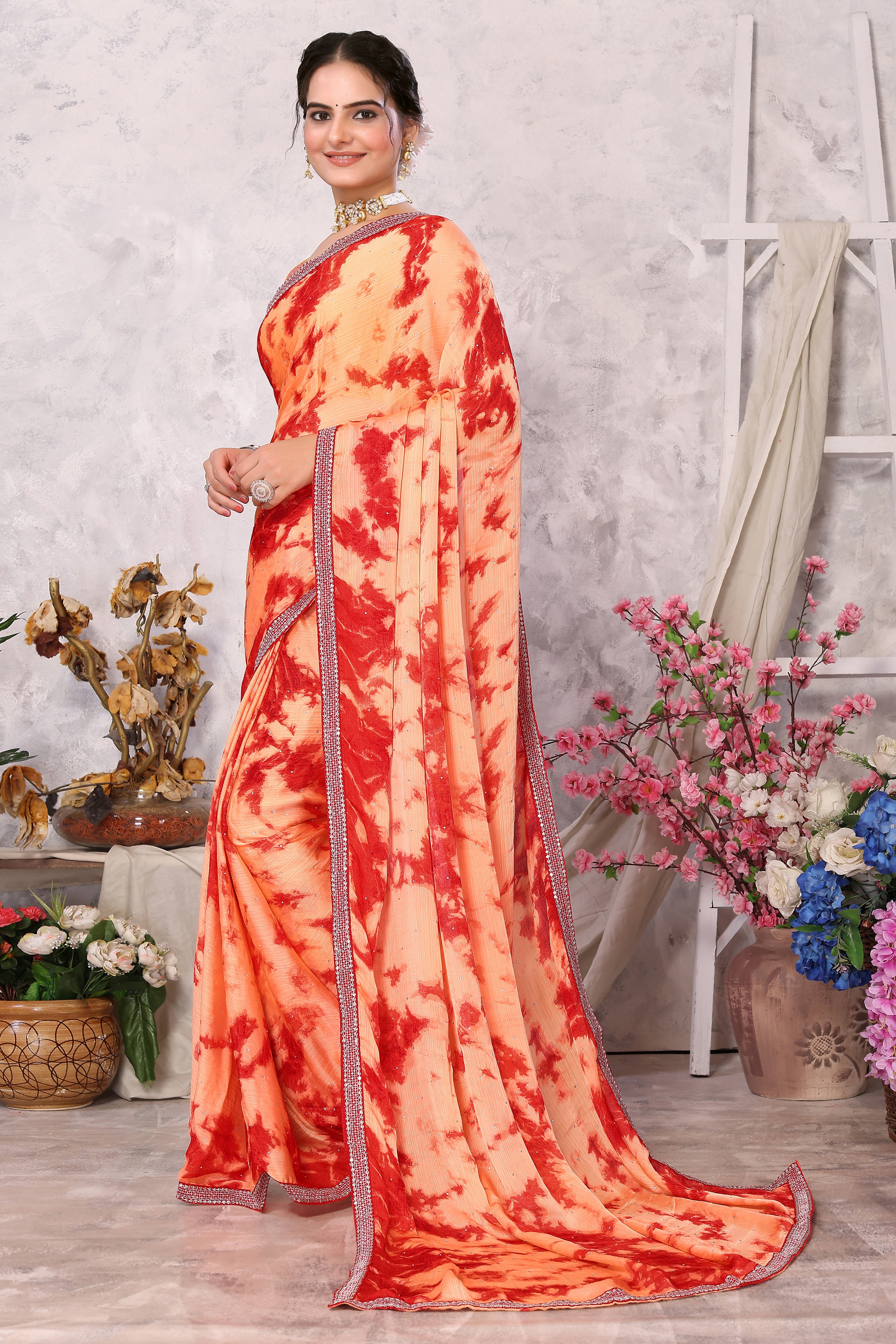 Laxmipati 13458 Swarda Peach Satin Chiffon Diamond Work Saree