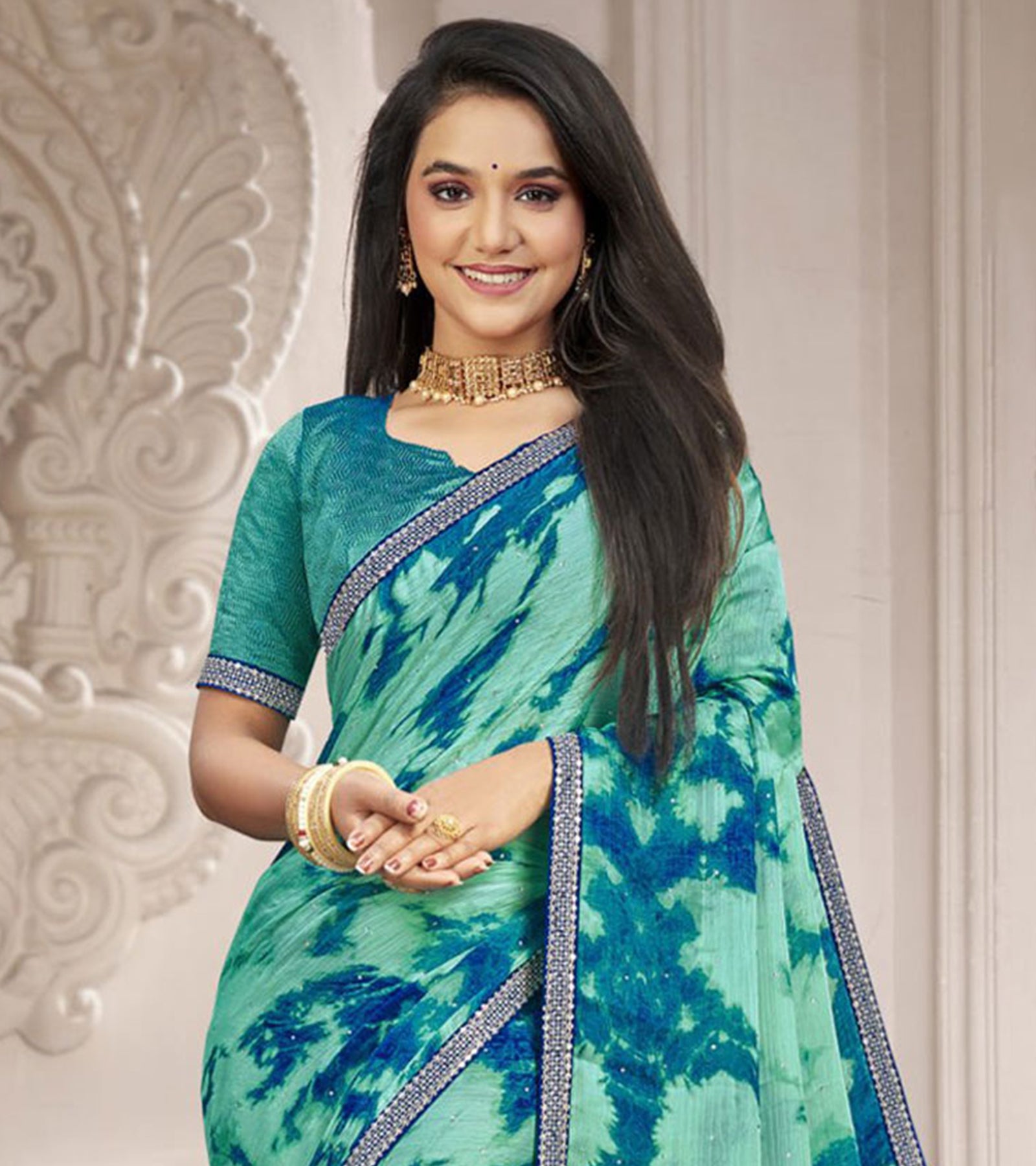 Laxmipati 13462 Swarda Rama Green Satin Chiffon Diamond Work Saree