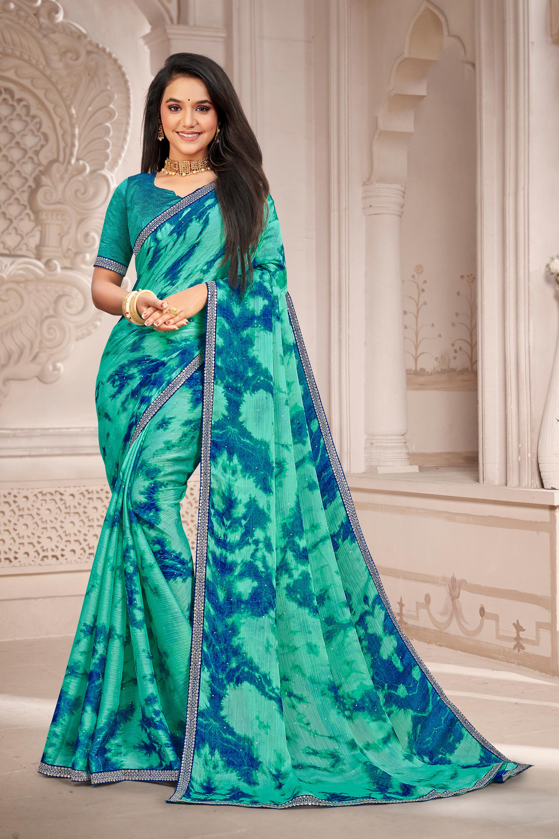 Laxmipati 13462 Swarda Rama Green Satin Chiffon Diamond Work Saree
