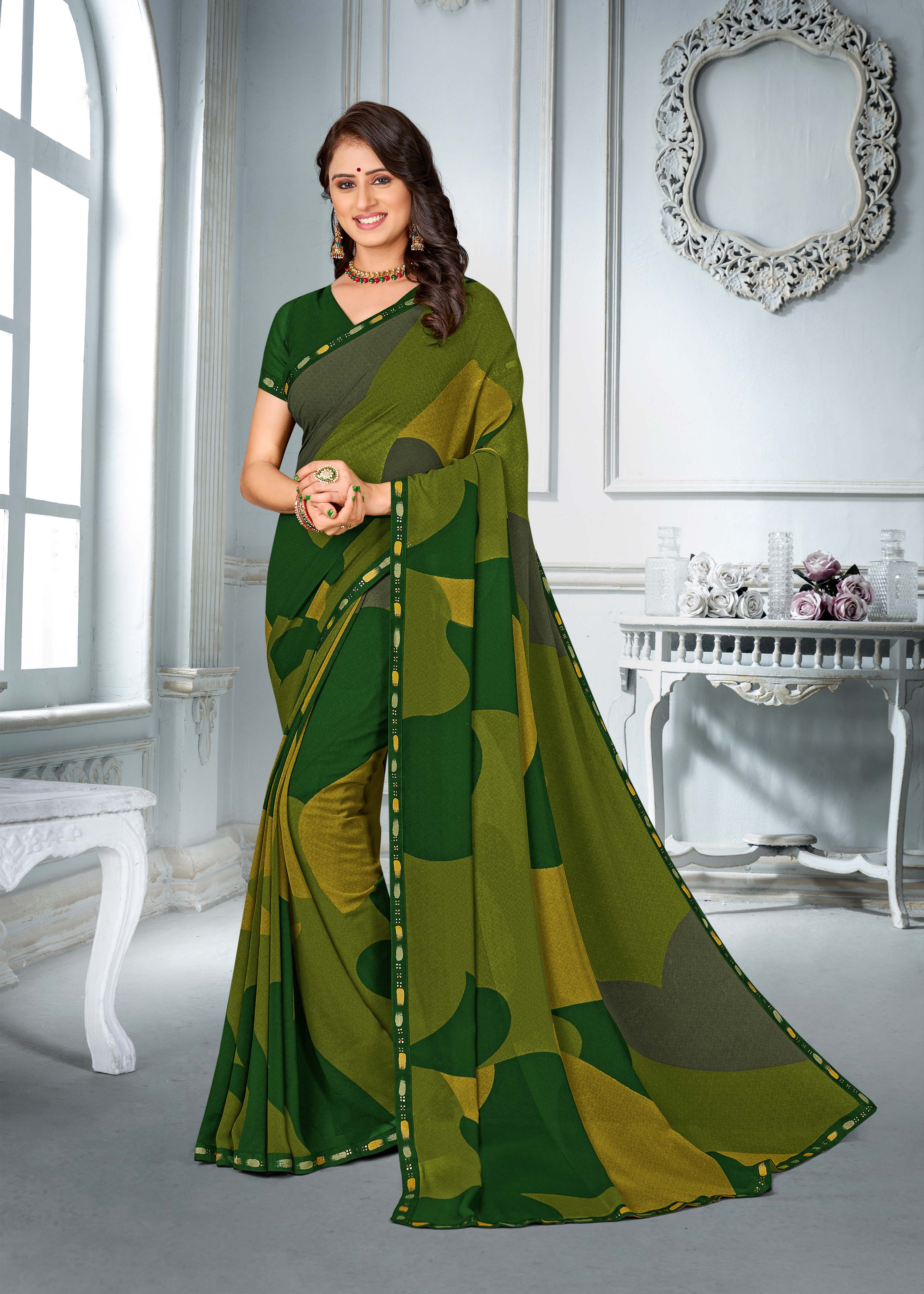 Green Georgette Abstract Print Saree with Lace Border - Chitra