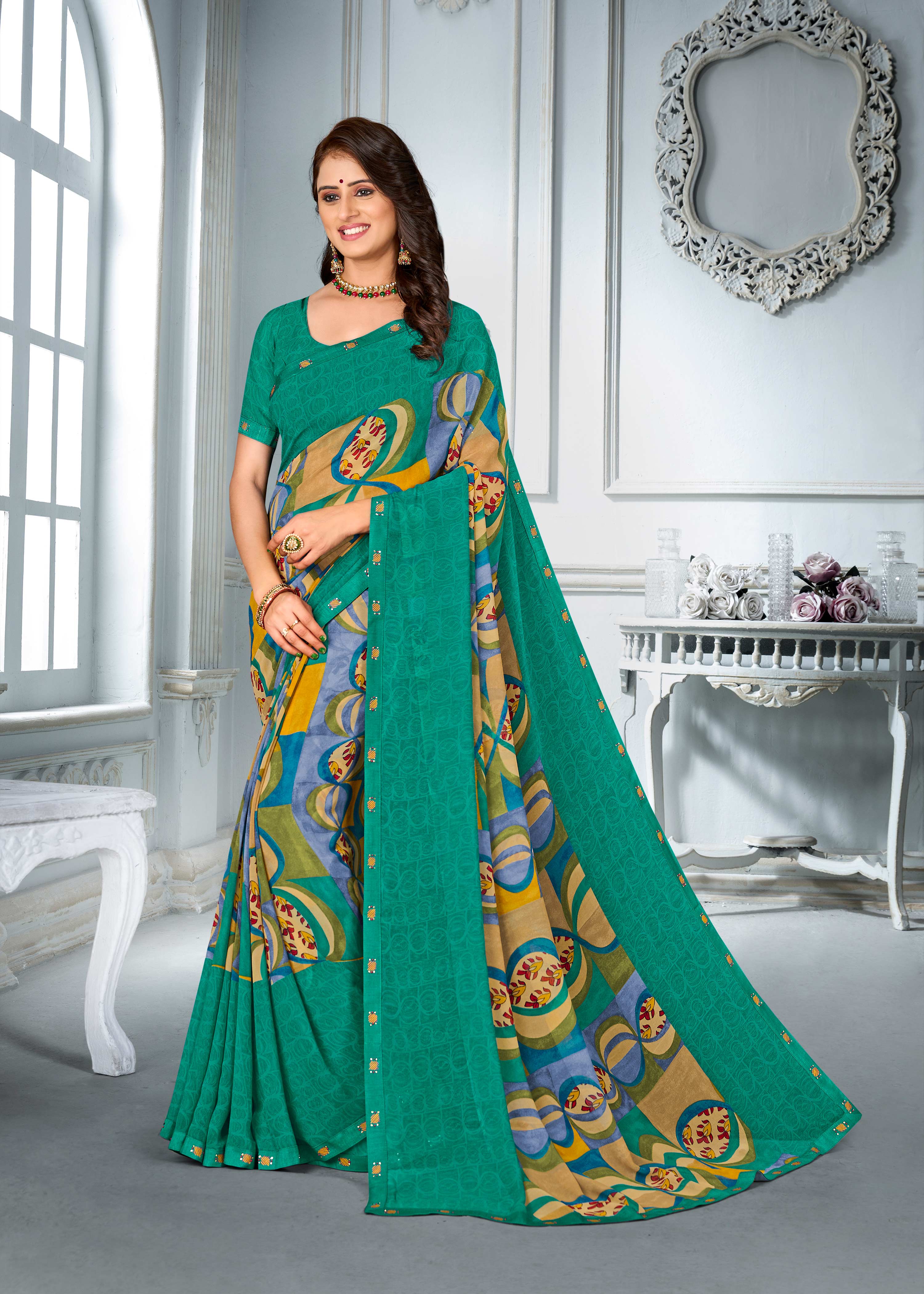 Turquoise Georgette Saree with Geometrical Print & Fancy Lace Border - Chitra