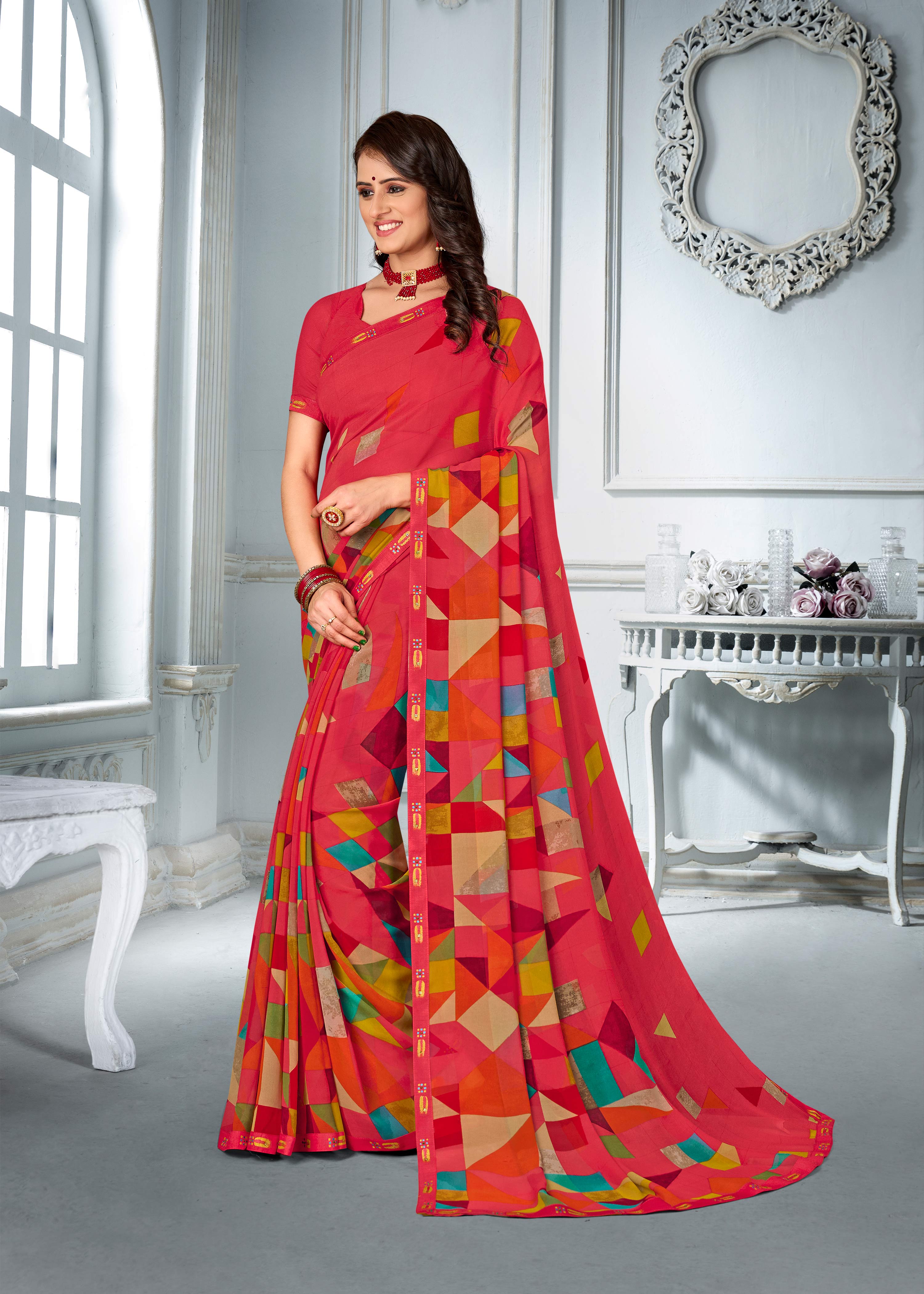 Pink Georgette Geometrical Saree with Fancy Lace Border - Chitra
