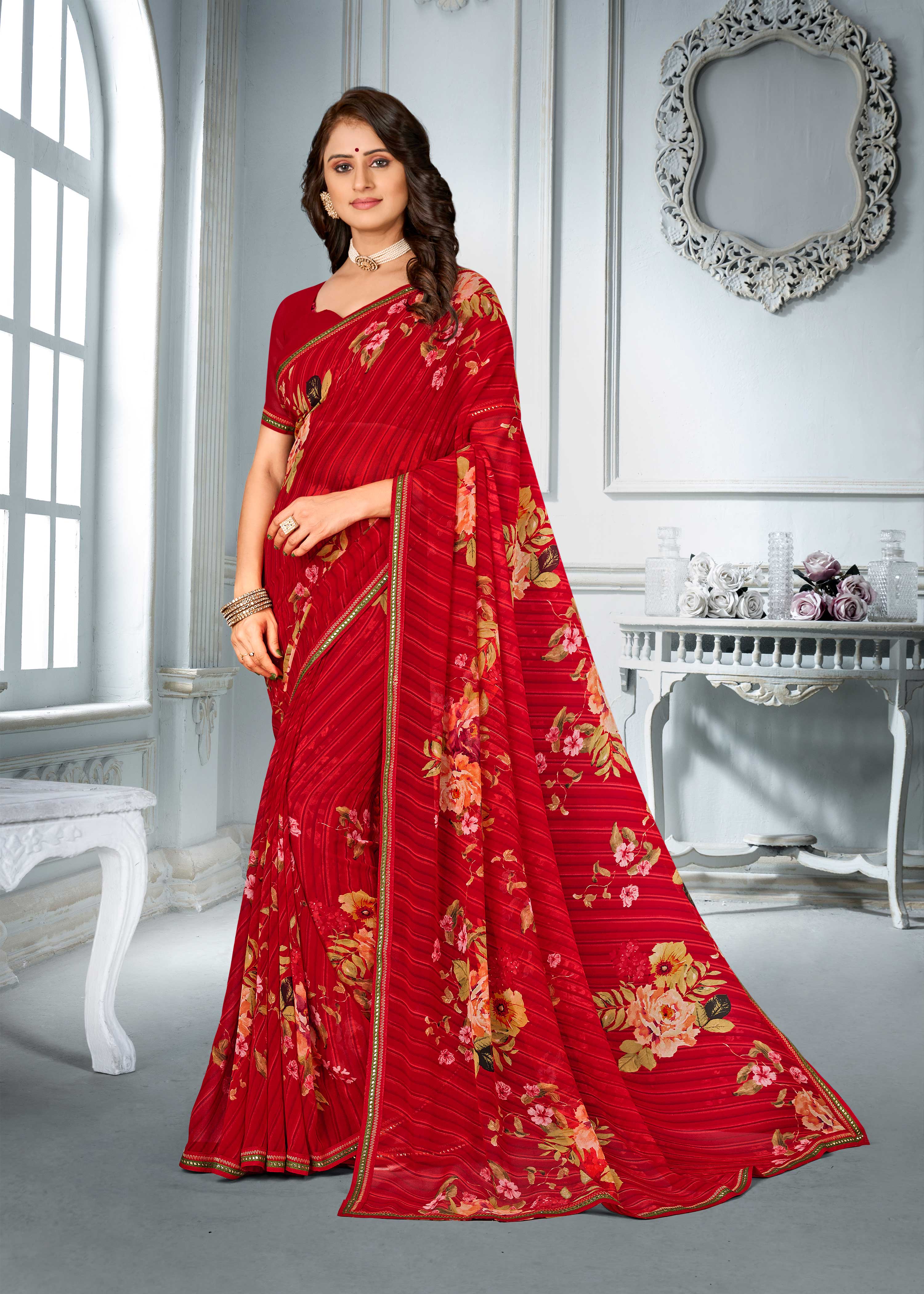 Red Georgette Floral Print Saree with Elegant Border - Chitra