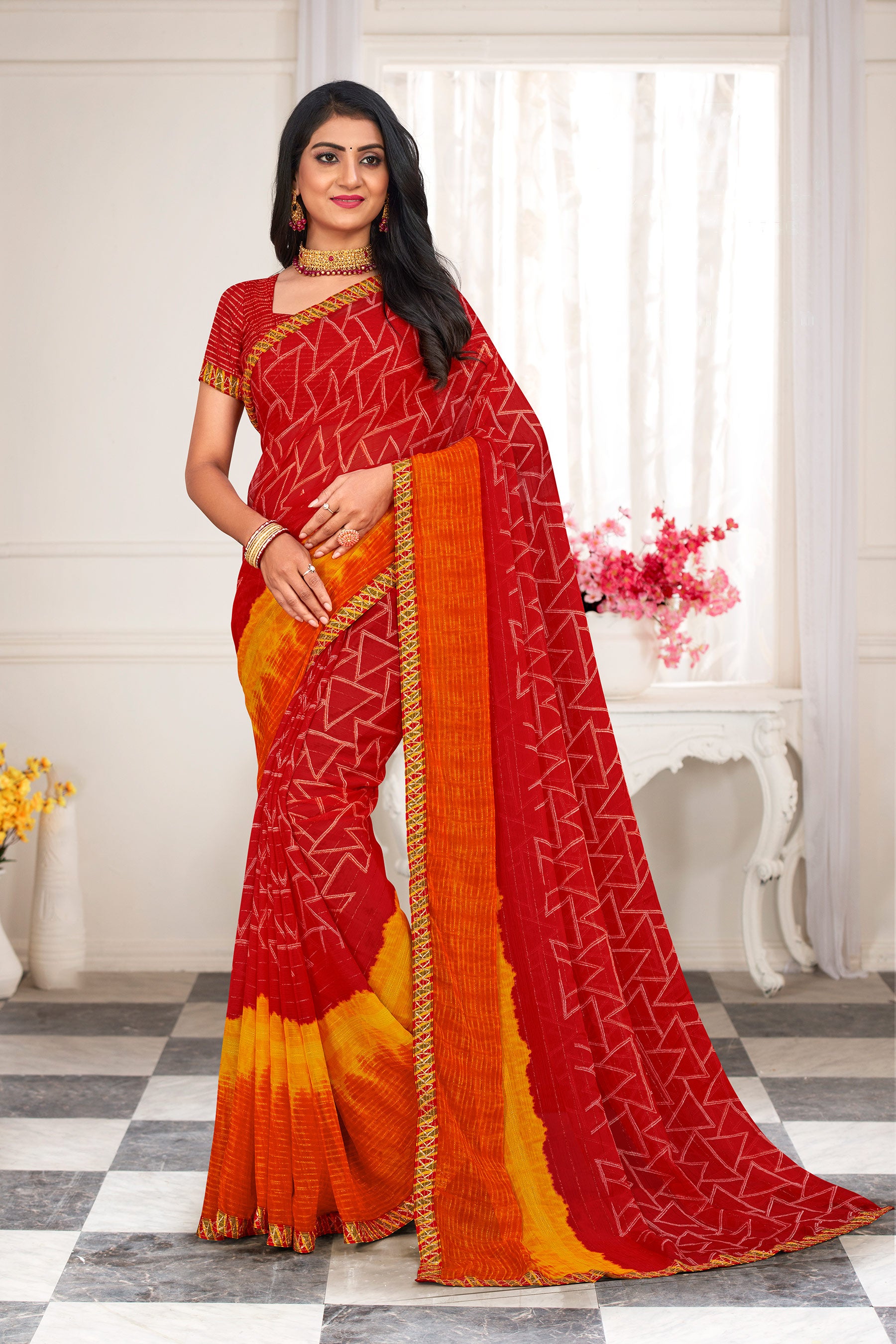 Laxmipati 13714 Chiffon Red & Orange Saree