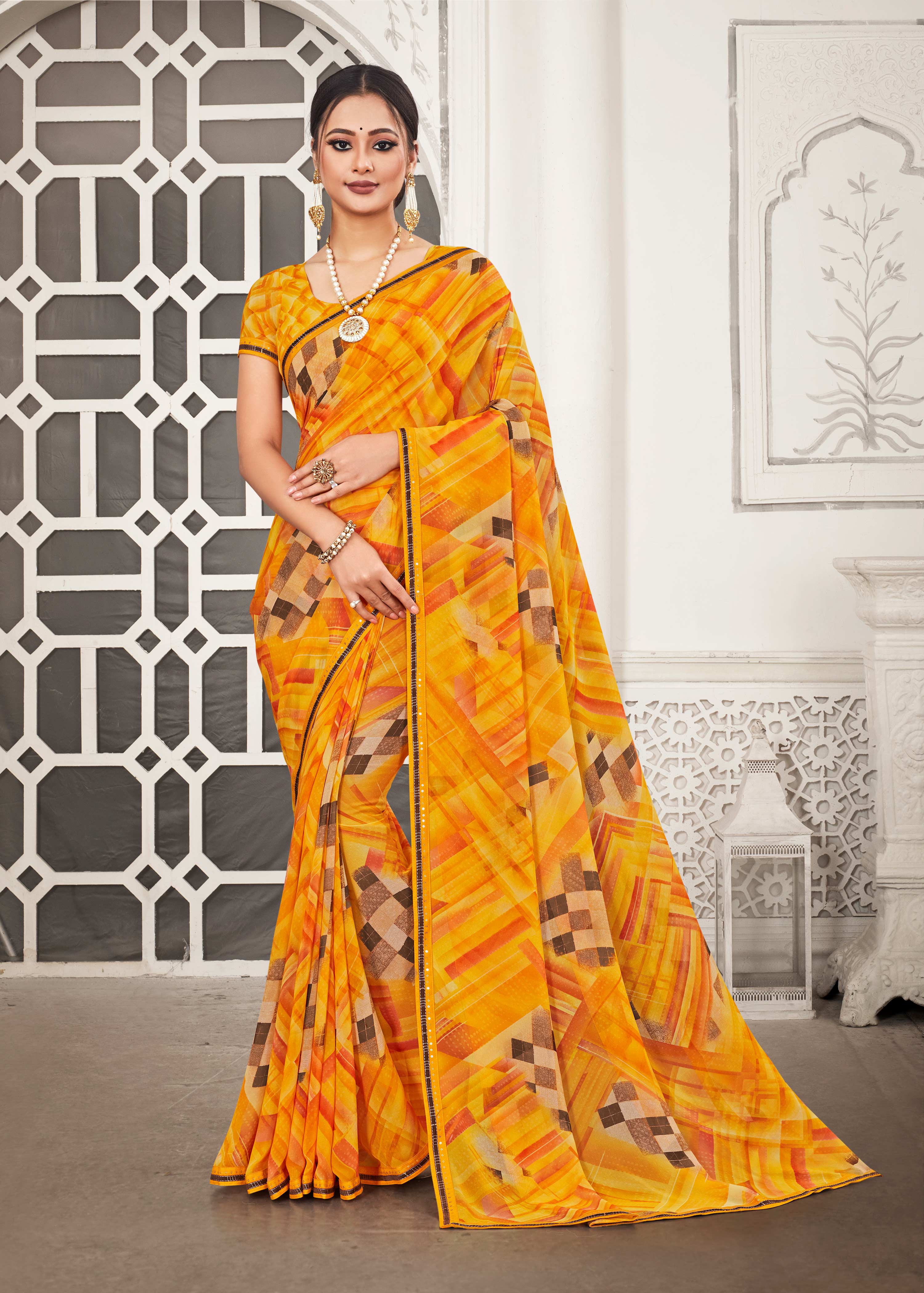 Yellow Georgette Saree with Abstract Geometrical Print & Embroidery Border - Chitra