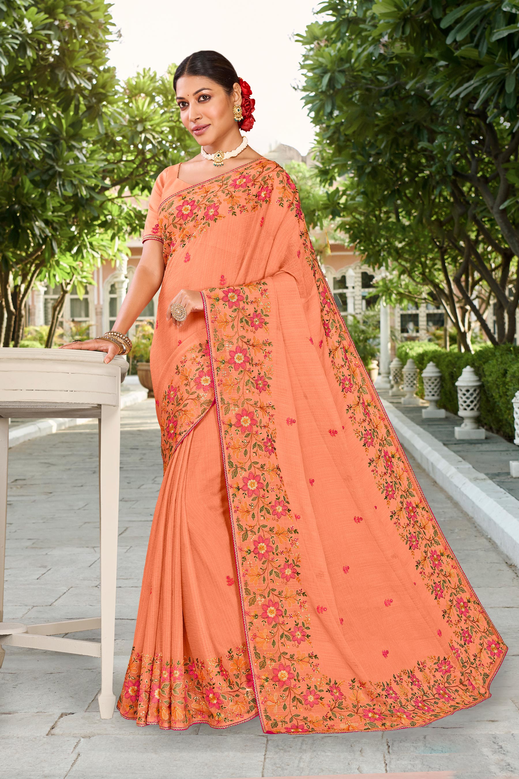 Laxmipati Falooda Floral Embroidered Chiffon Saree in Peach Color with Unstitched Blouse