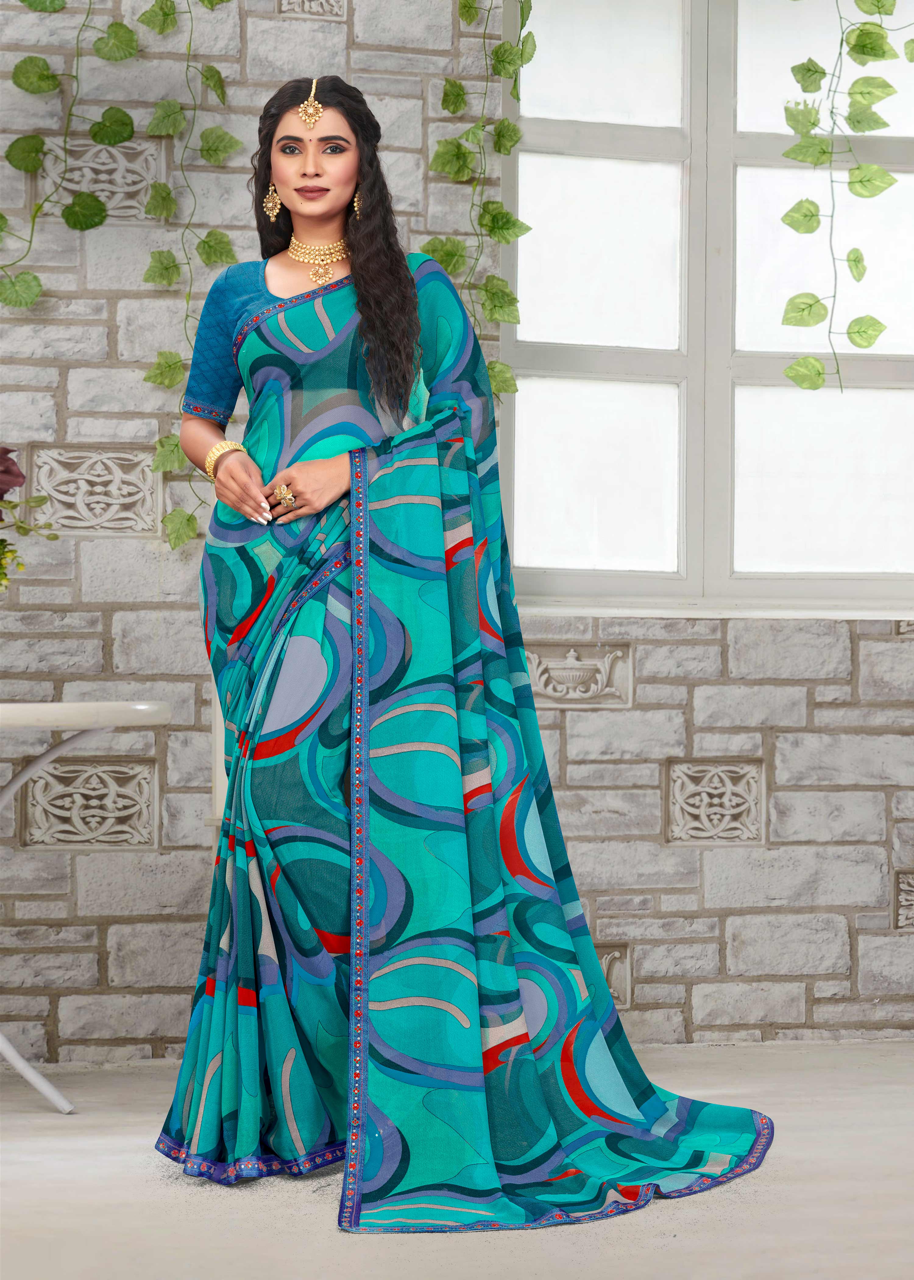 Blue Georgette Geometrical Saree with Fancy Lace Border - Chitra