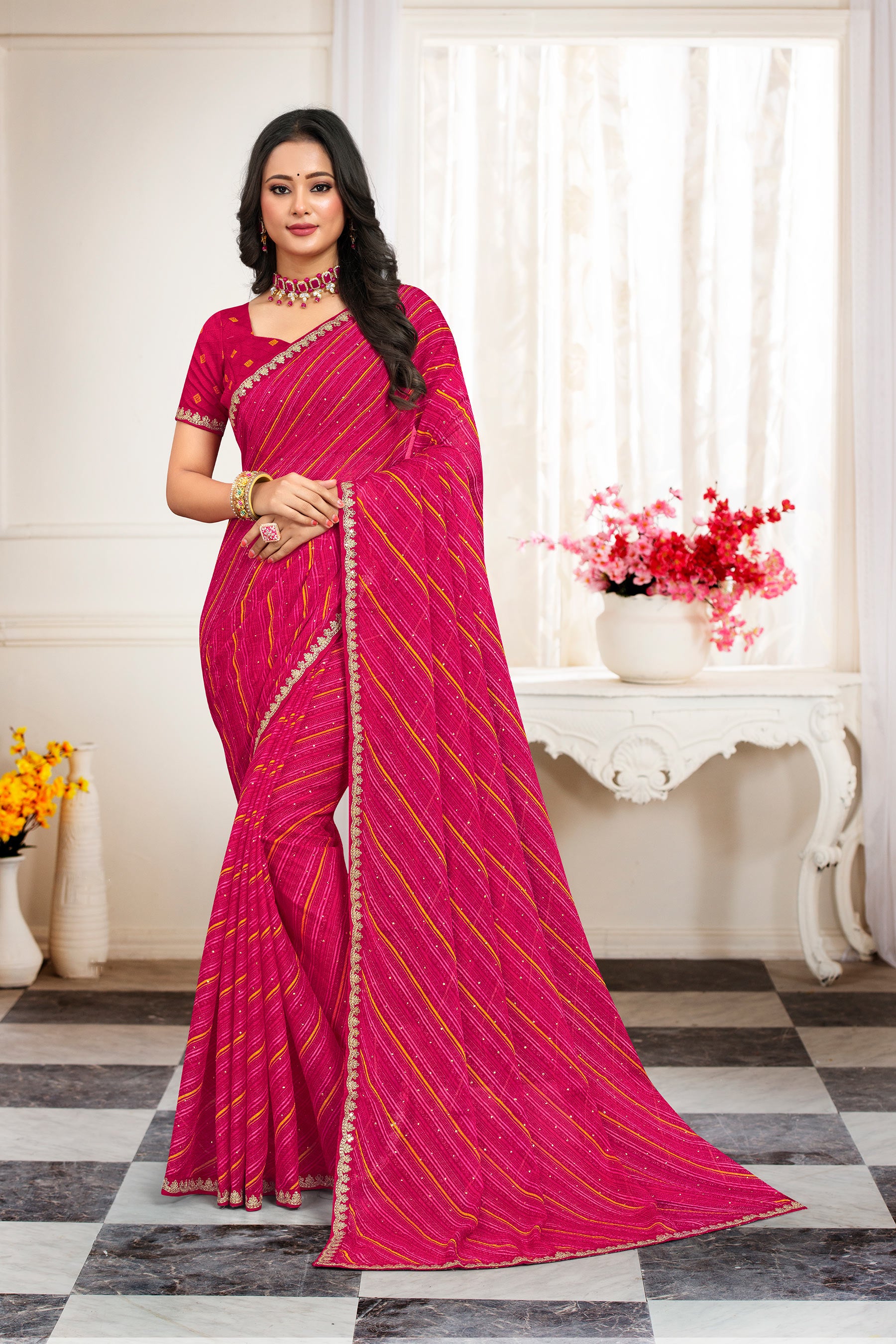 Ready to Wear Laxmipati Leheriya Printed Chiffon Saree in Pink with Unstitched Blouse