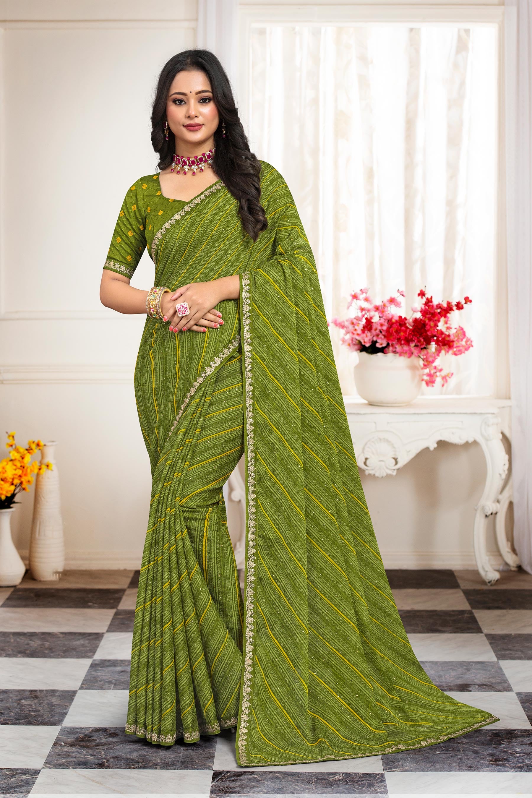 Ready to Wear Laxmipati Leheriya Printed Chiffon Saree in Olive Green with Unstitched Blouse