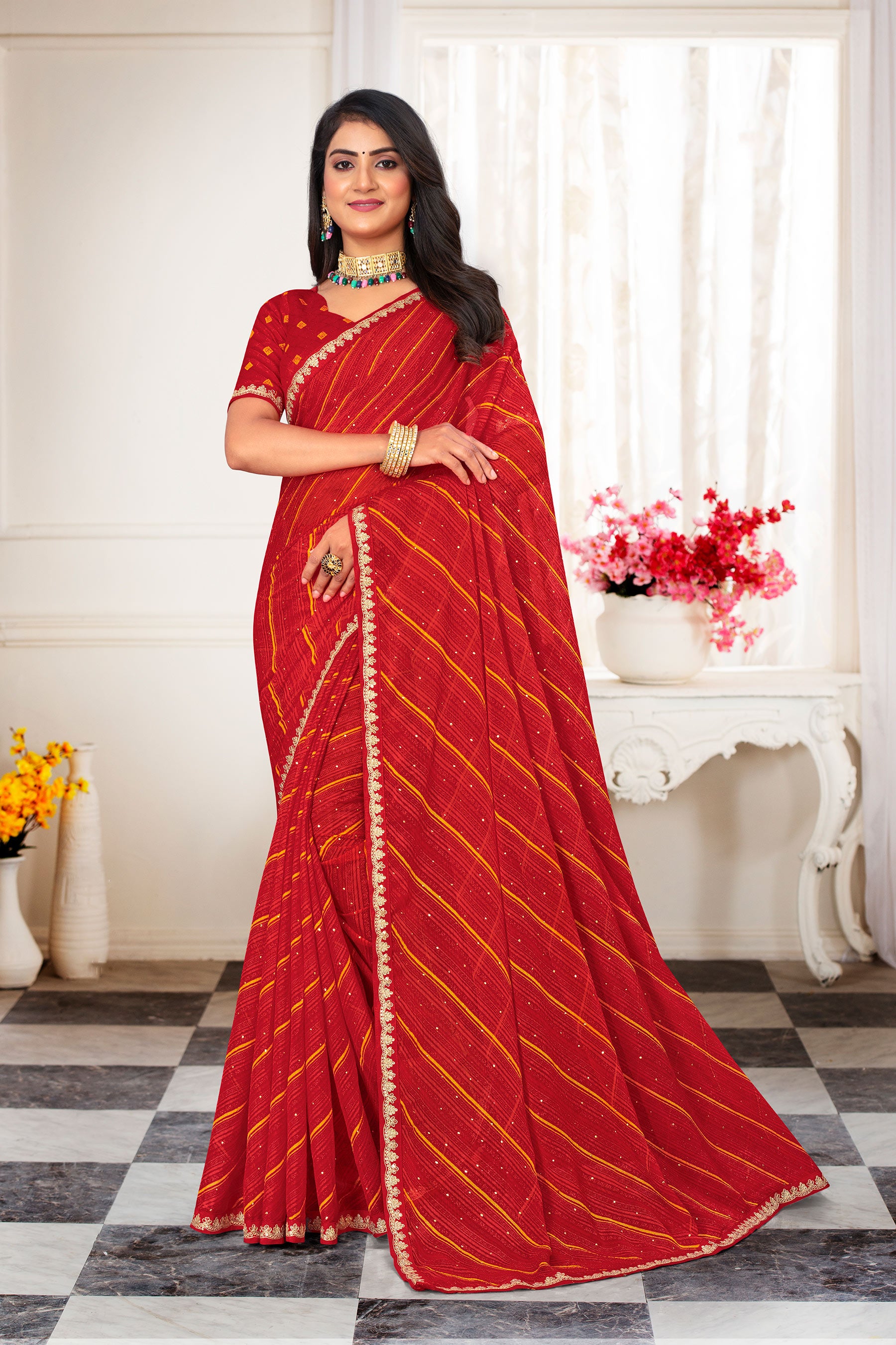 Laxmipati Leheriya Printed Chiffon Saree in Red with Unstitched Blouse