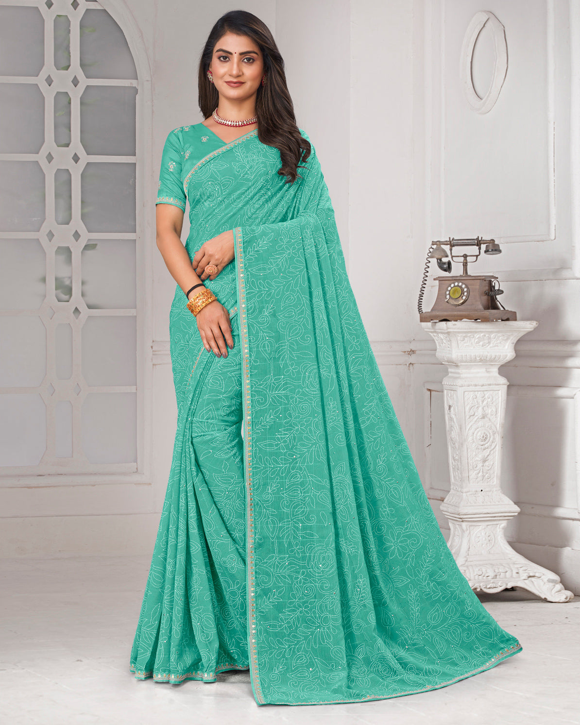 Laxmipati Green Floral Printed Chiffon Saree