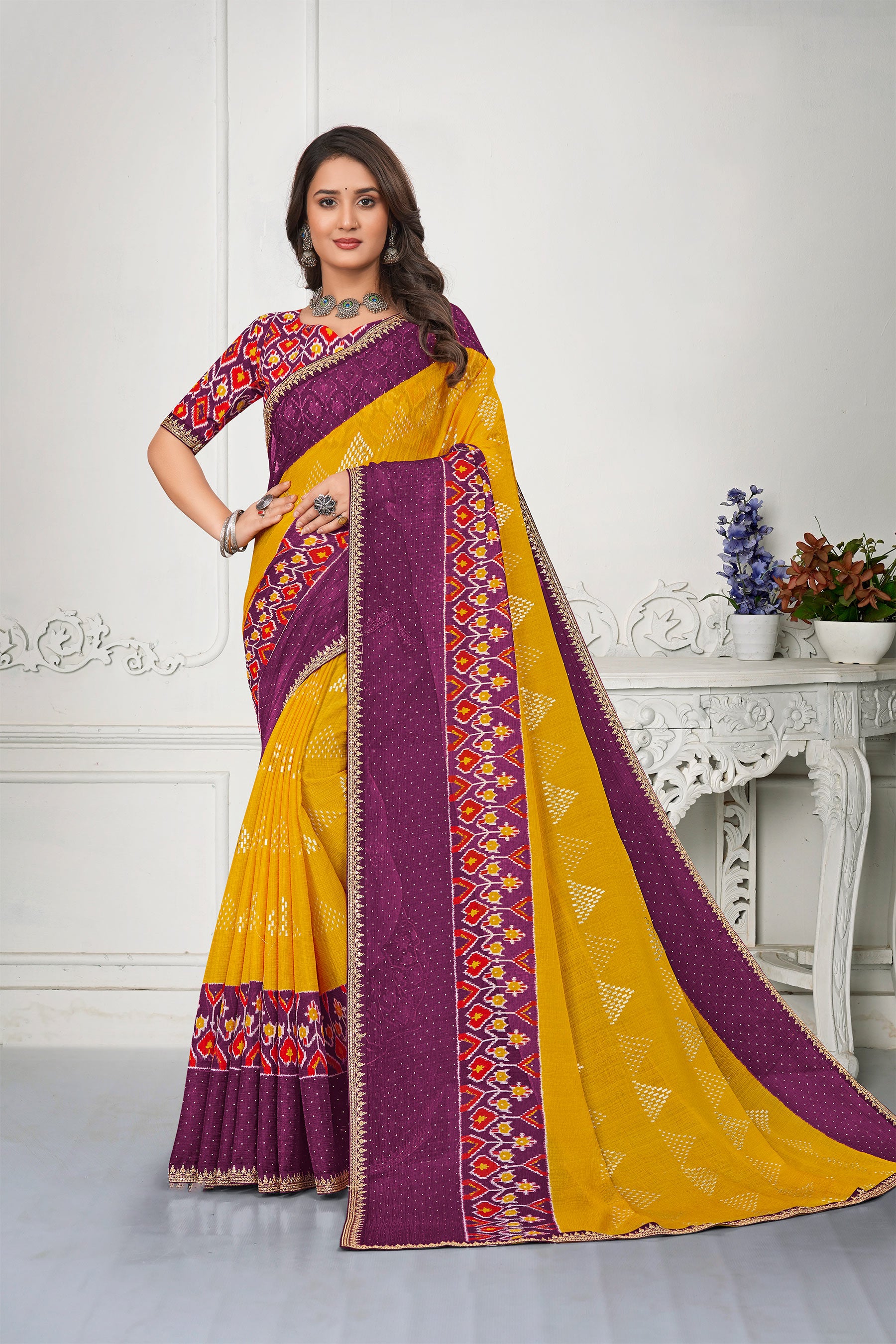 Laxmipati Ikkat Printed Chiffon Saree in Mustard Color