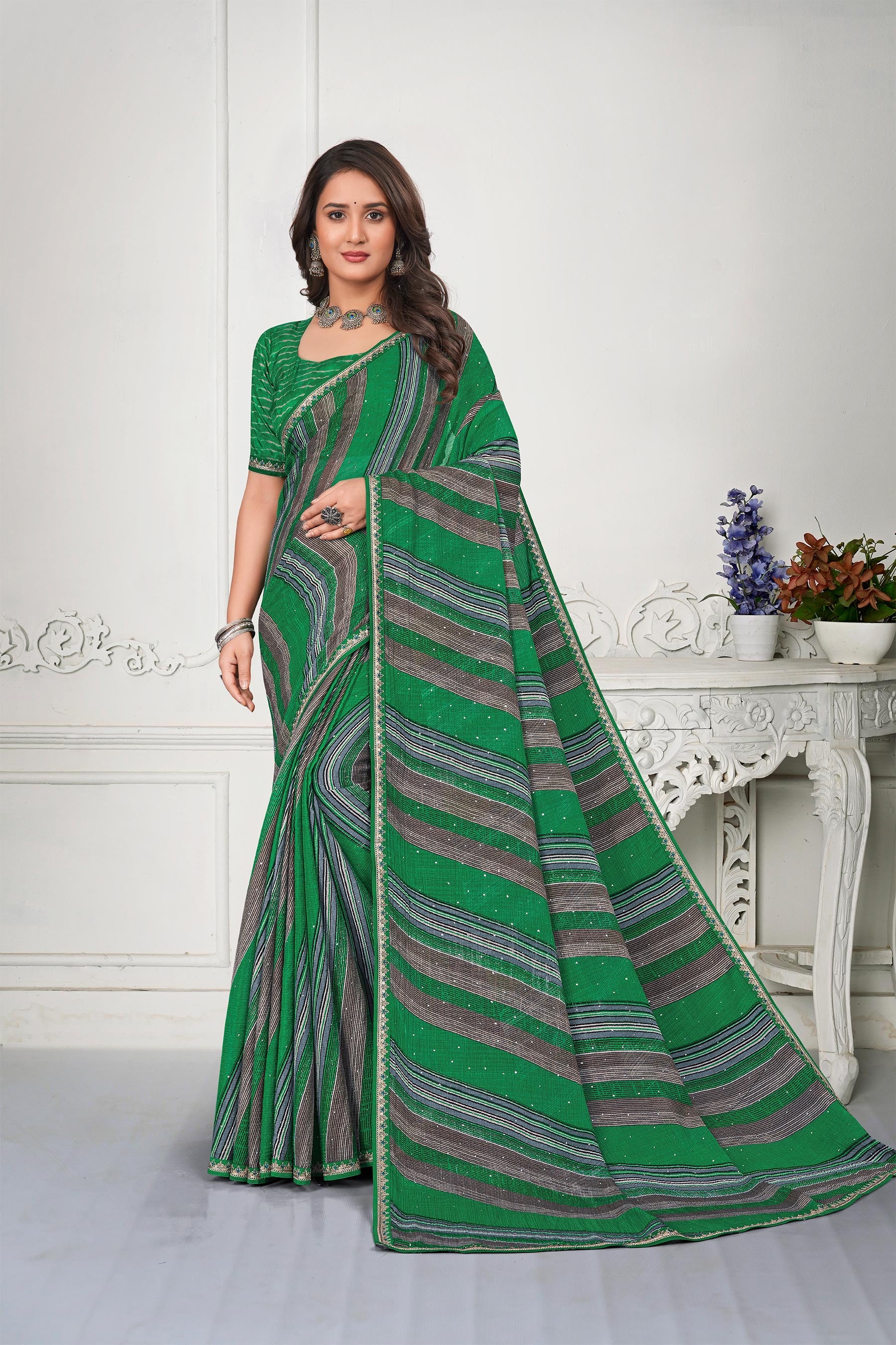 Green Chiffon Printed Saree