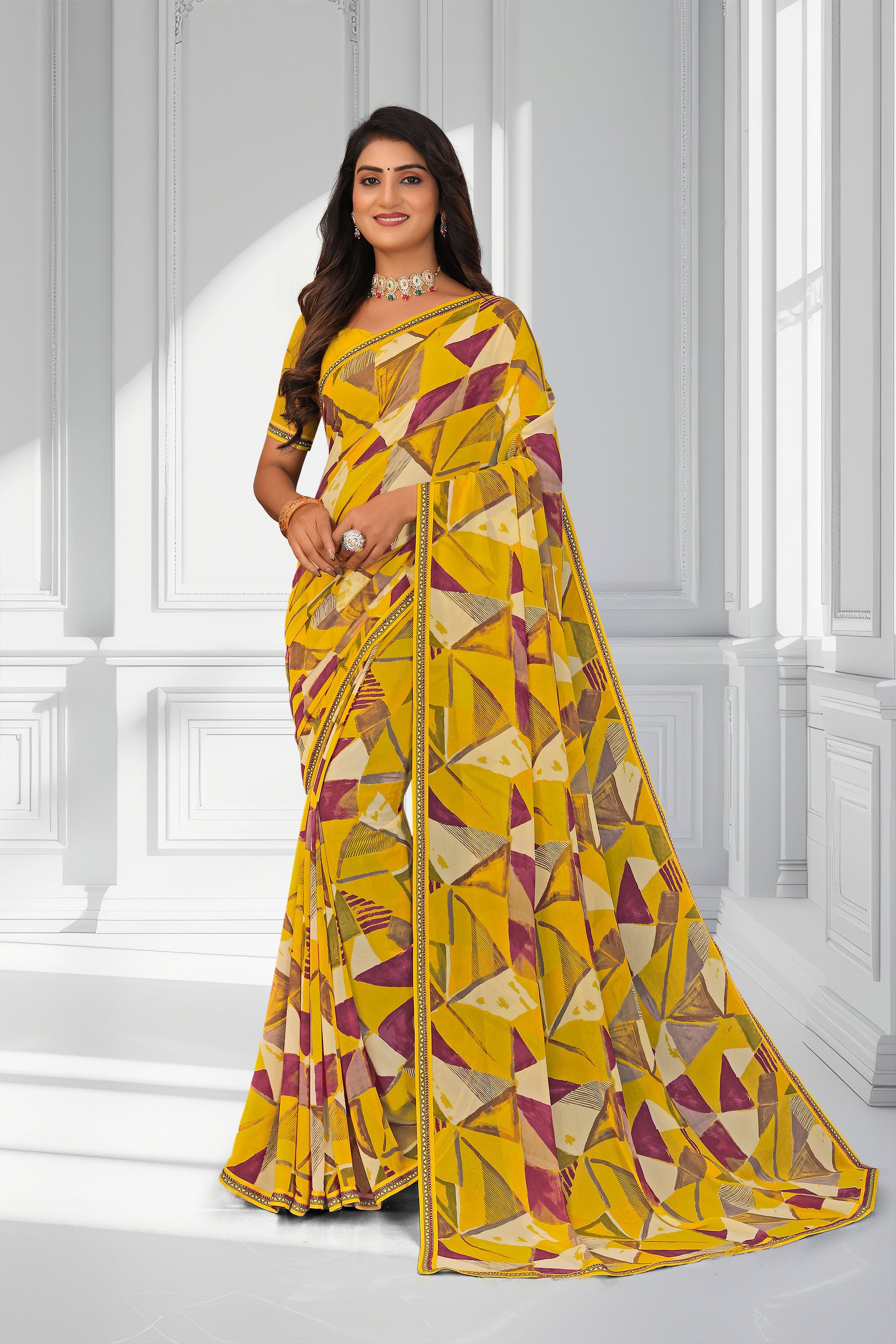 Laxmipati Mustard Georgette Abstract Printed Saree