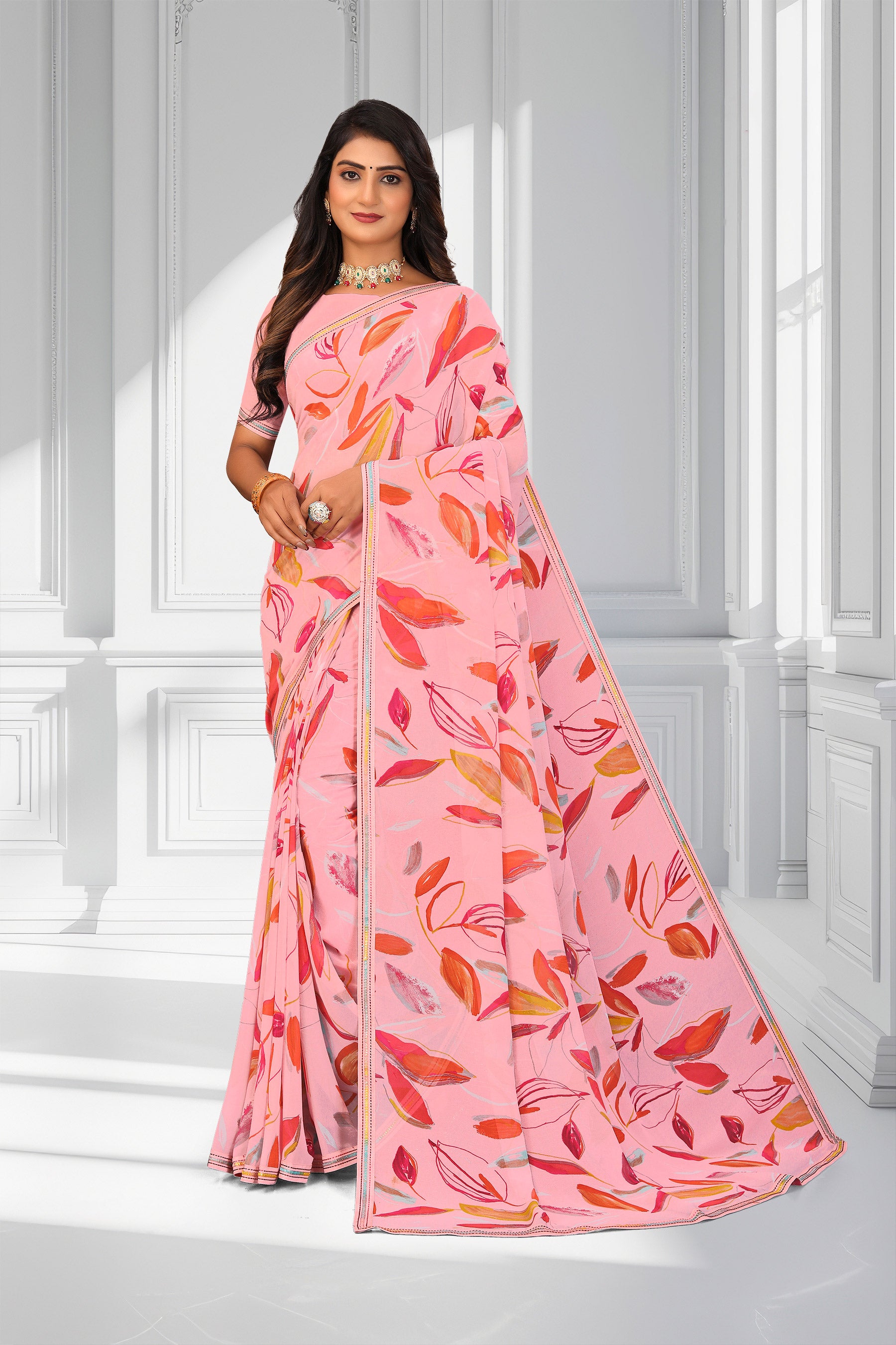 Laxmipati Pink Georgette Floral Printed Saree