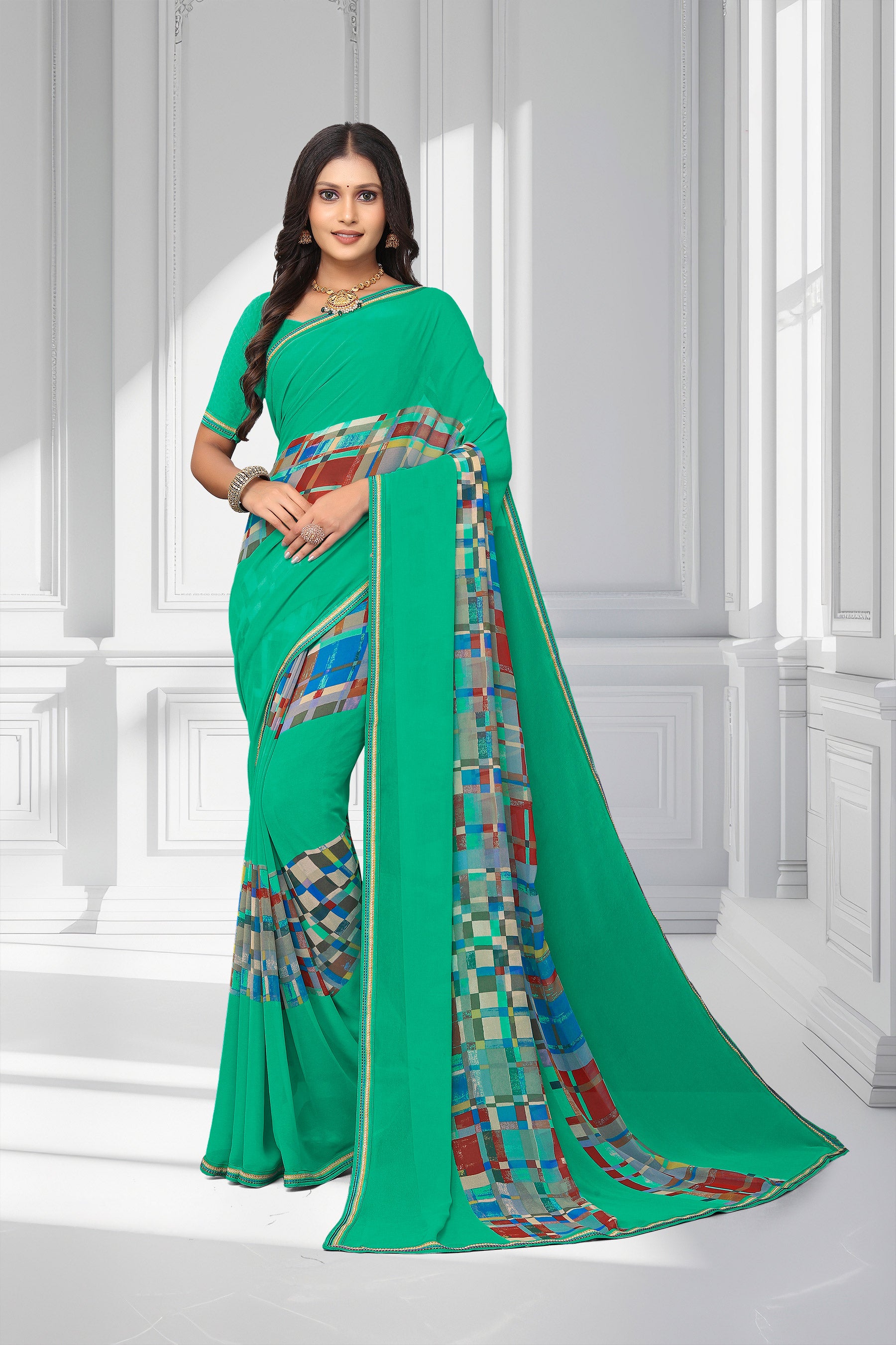 Laxmipati Teal Green Georgette Geometric Printed Saree